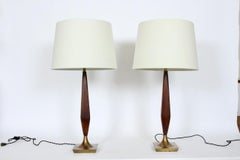 Pair of Tony Paul Style Walnut and Brass Candlestick Table Lamps, 1950s