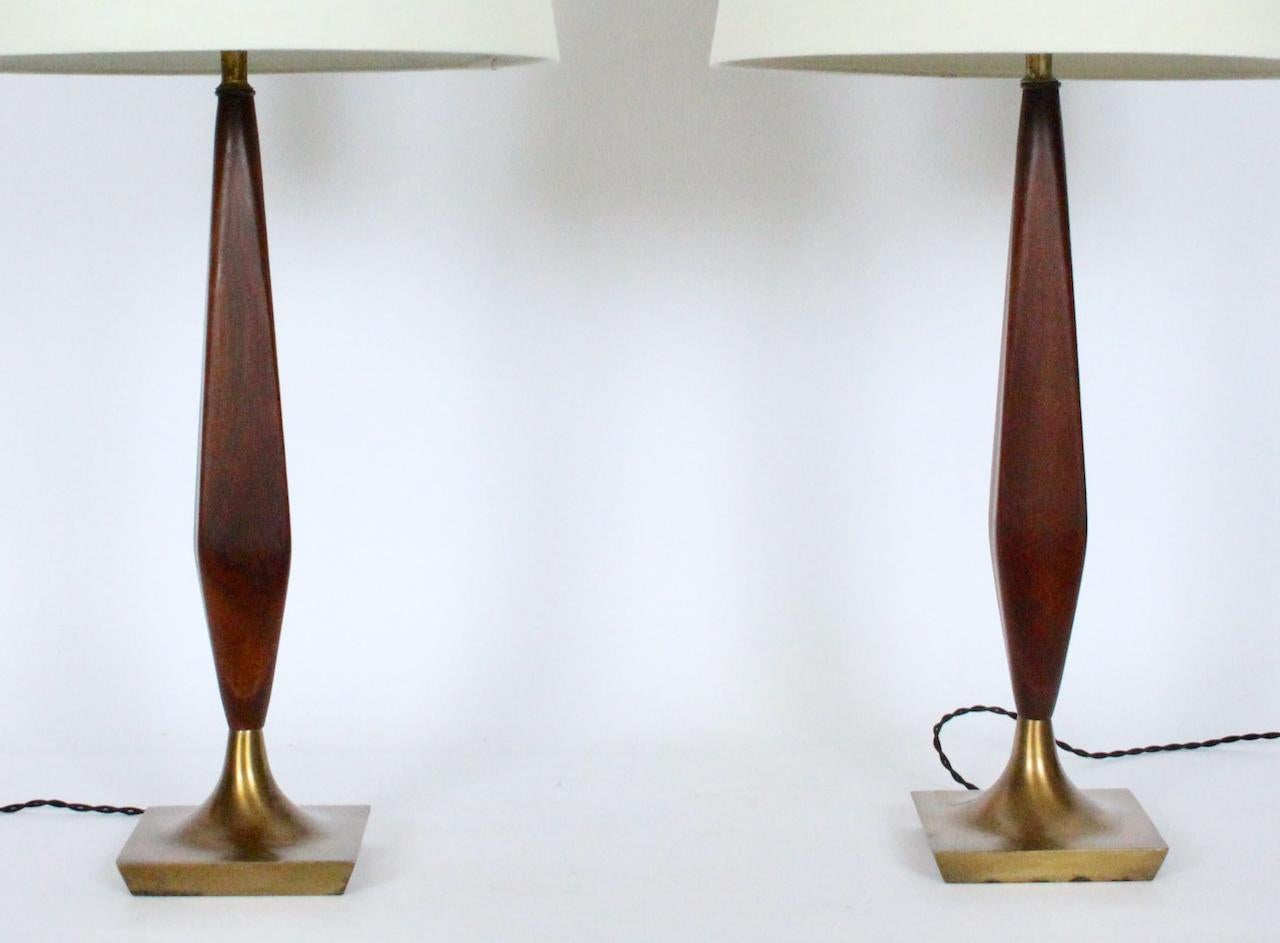 Mid-Century Modern Pair of Tony Paul Style Walnut and Brass Candlestick Table Lamps, 1950s