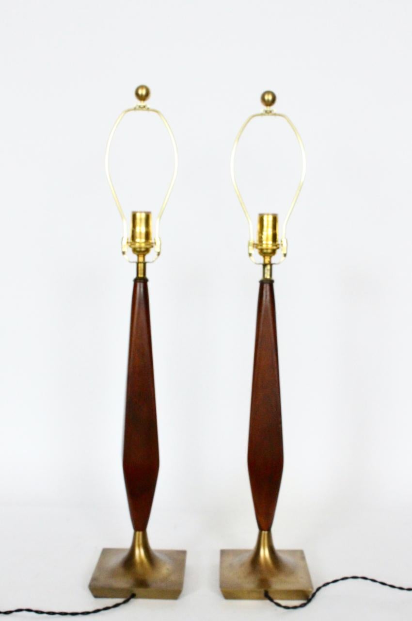 Plated Pair of Tony Paul Style Walnut and Brass Candlestick Table Lamps, 1950s