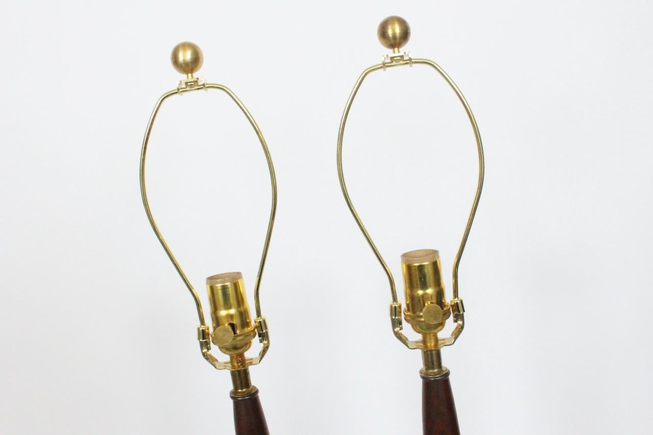 Mid-20th Century Pair of Tony Paul Style Walnut and Brass Candlestick Table Lamps, 1950s