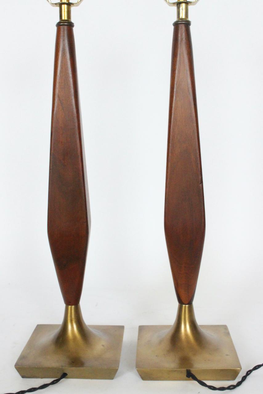 Pair of Tony Paul Style Walnut and Brass Candlestick Table Lamps, 1950s 2