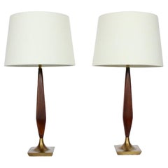 Pair of Tony Paul Style Walnut and Brass Candlestick Table Lamps, 1950s