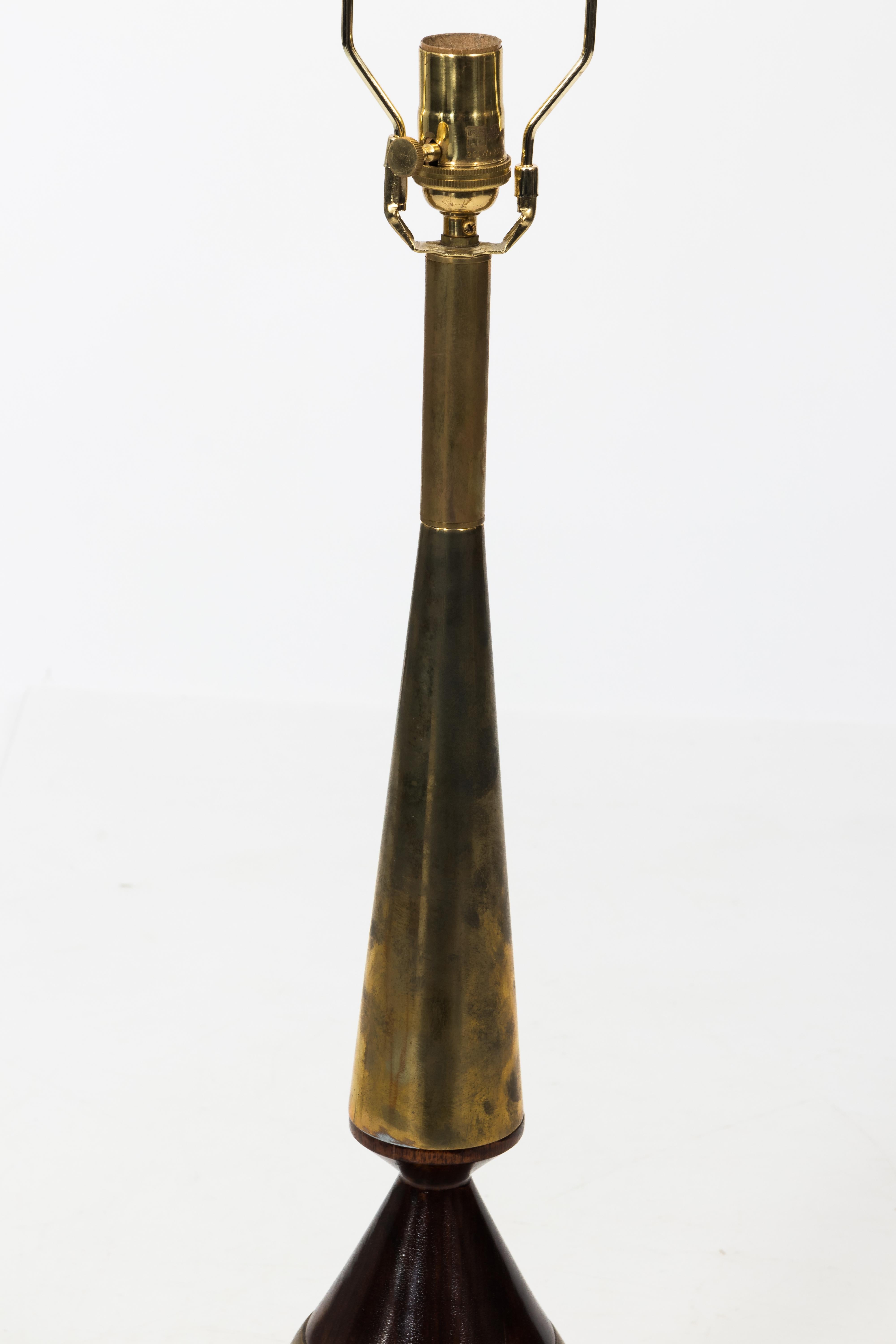 Mid-Century Modern Pair of Tony Paul Walnut and Brass Lamps