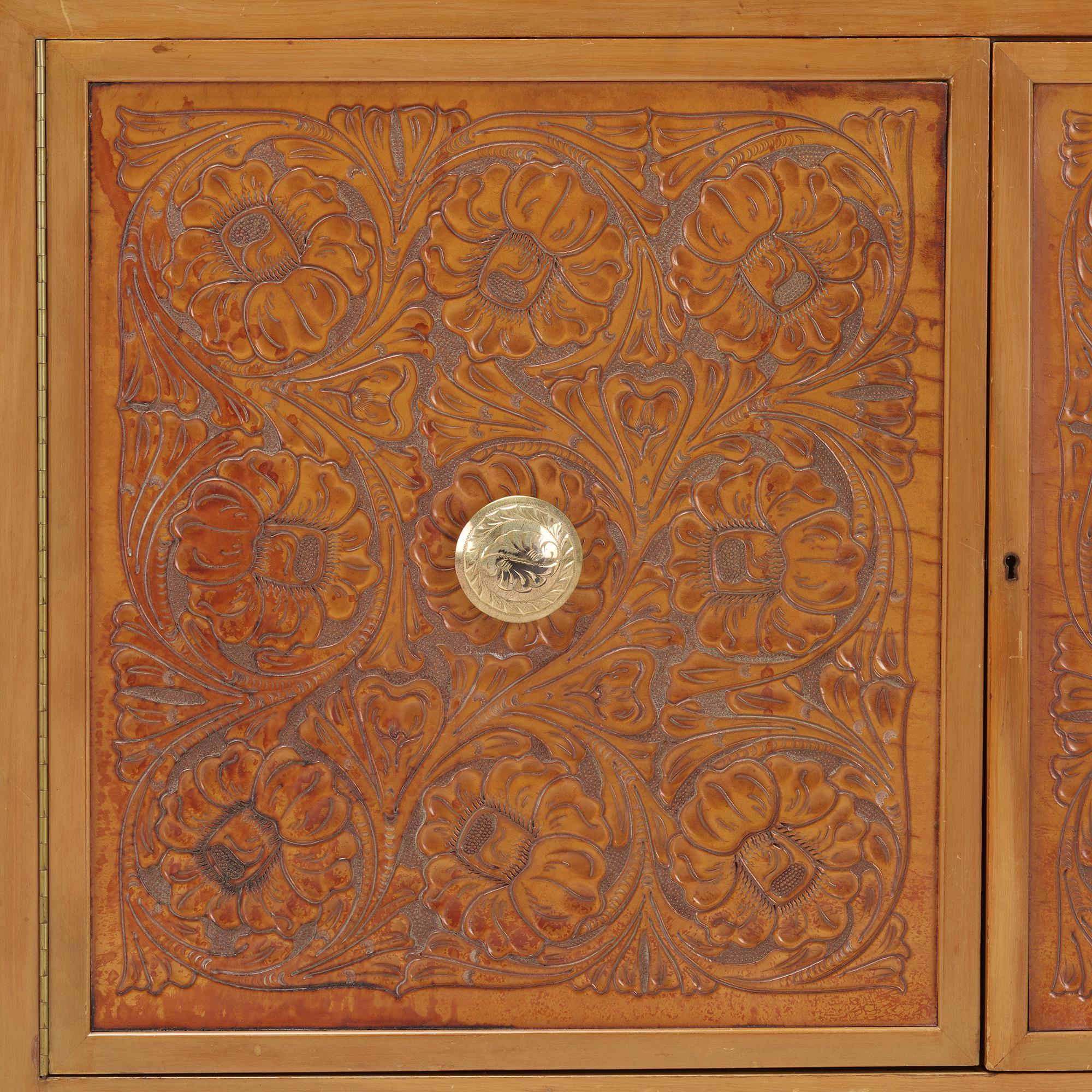Mid-Century Modern Pair of Tooled Leather Cabinets