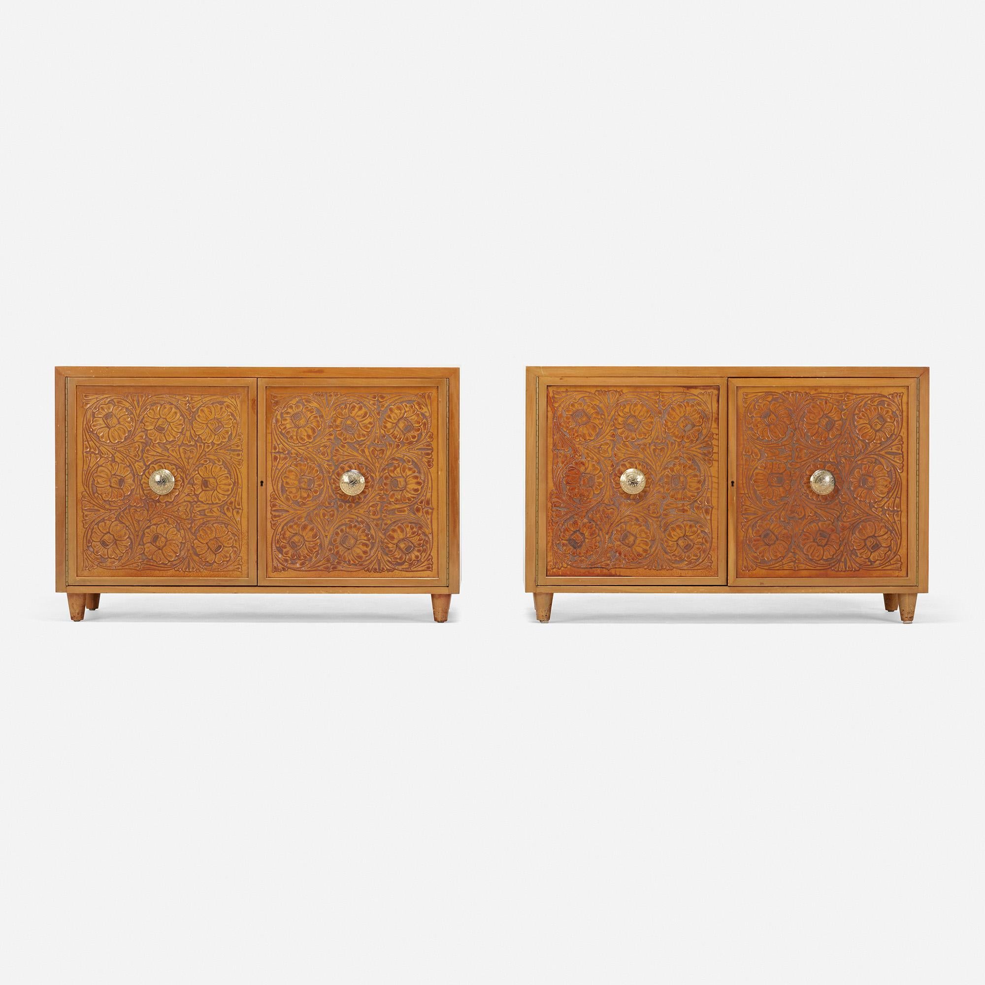 Plated Pair of Tooled Leather Cabinets