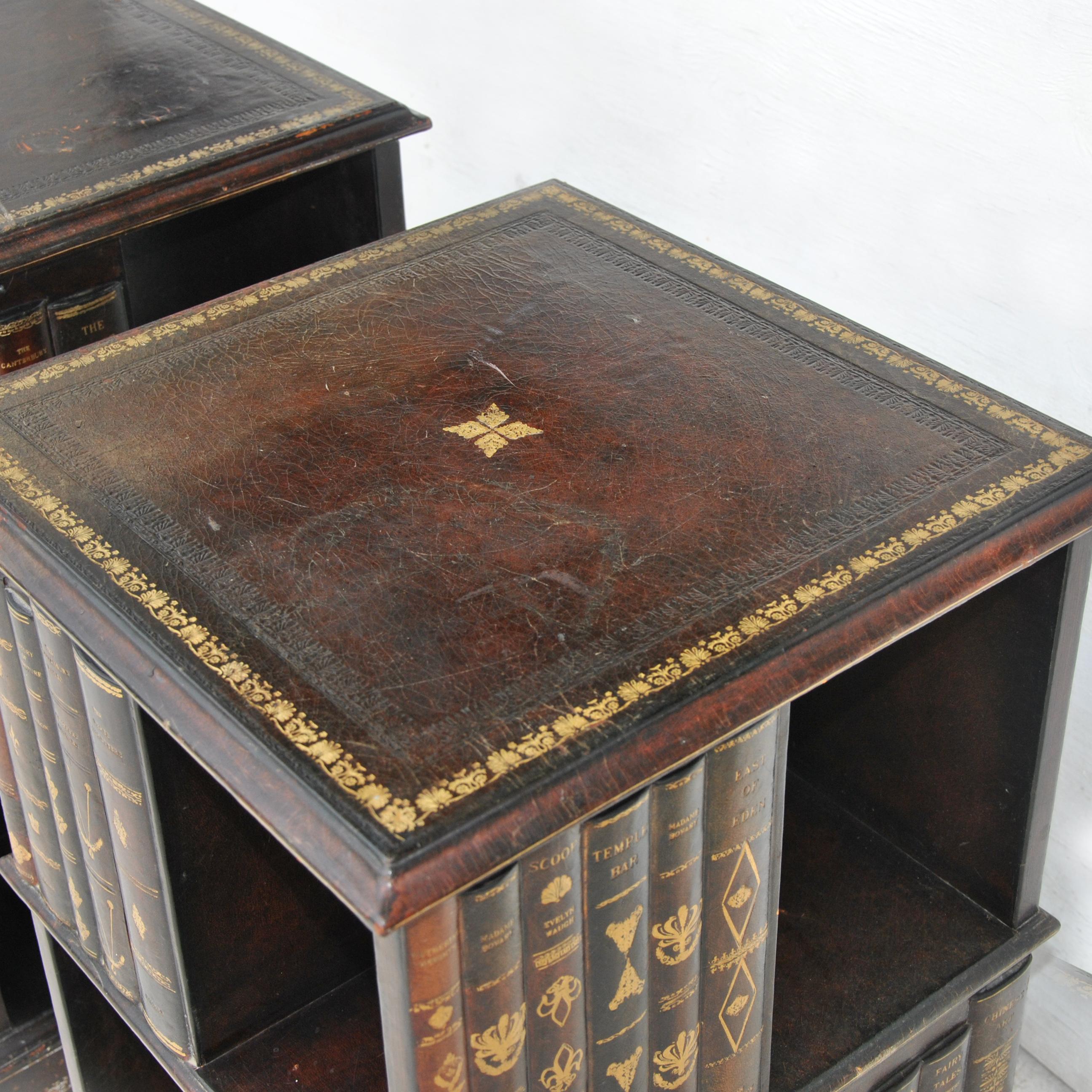 Pair of Tooled Leather Faux Book Nightstands Side Tables by Maitland Smith In Good Condition In Pasadena, TX