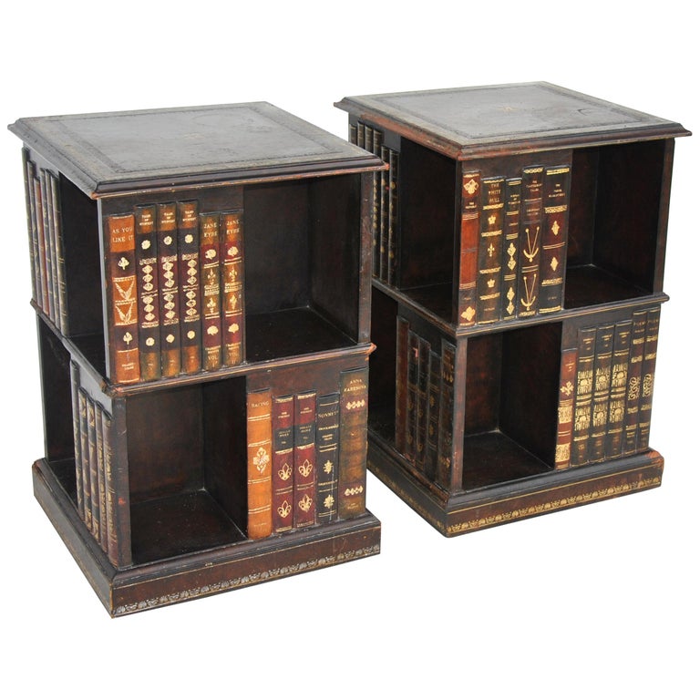 Pair of Tooled Leather Faux Book Nightstands Side Tables by Maitland