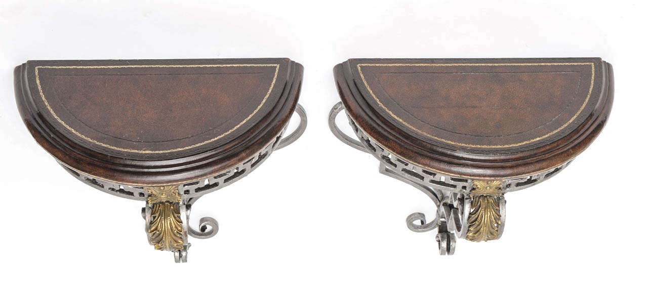 Neoclassical Pair of Tooled Leather, Steel and Bronze Wall Brackets For Sale