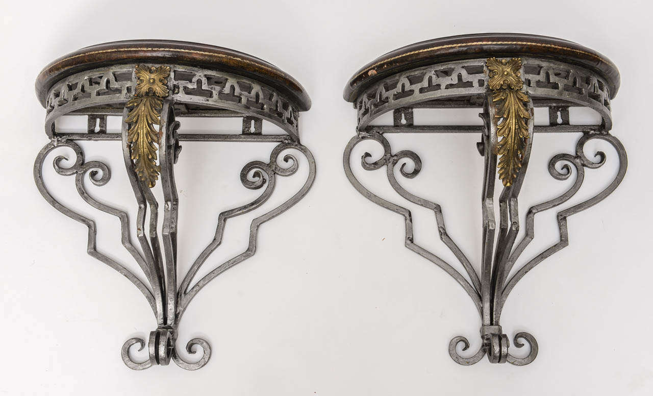 Pair of Tooled Leather, Steel and Bronze Wall Brackets In Good Condition For Sale In West Palm Beach, FL