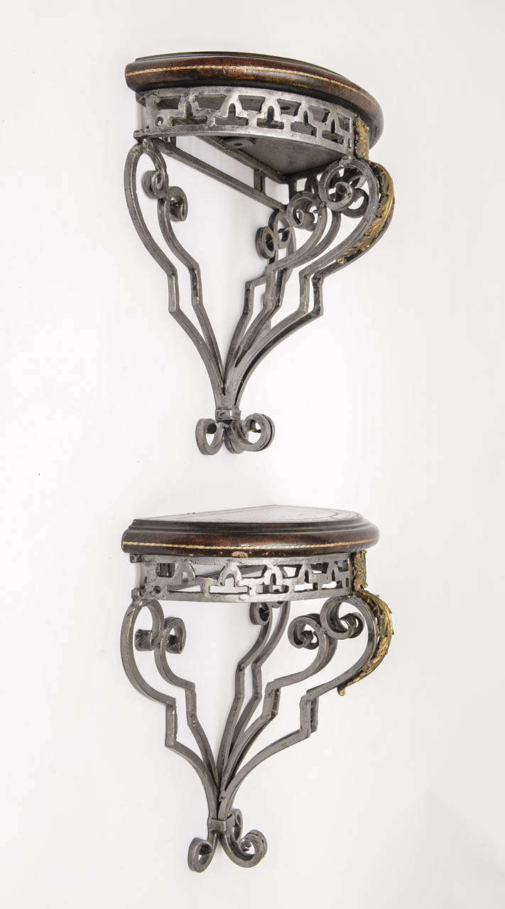 20th Century Pair of Tooled Leather, Steel and Bronze Wall Brackets For Sale