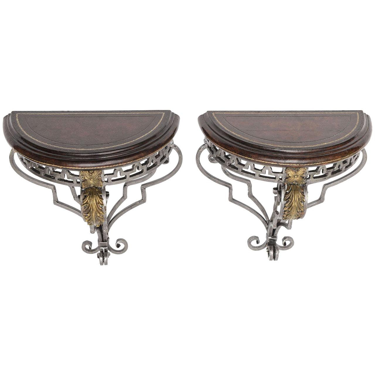 Pair of Tooled Leather, Steel and Bronze Wall Brackets For Sale