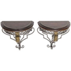 Pair of Tooled Leather, Steel and Bronze Wall Brackets