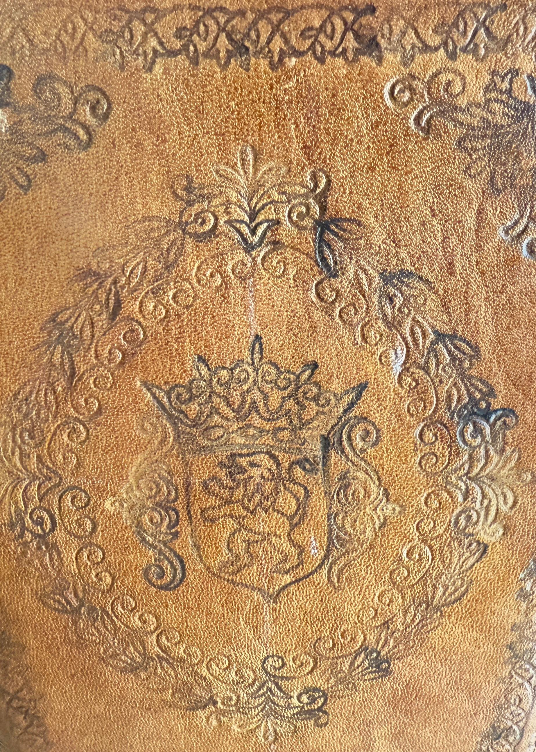 Pair Of Tooled Leather Table Lamps With Coats Of Arms Motif For Sale 4