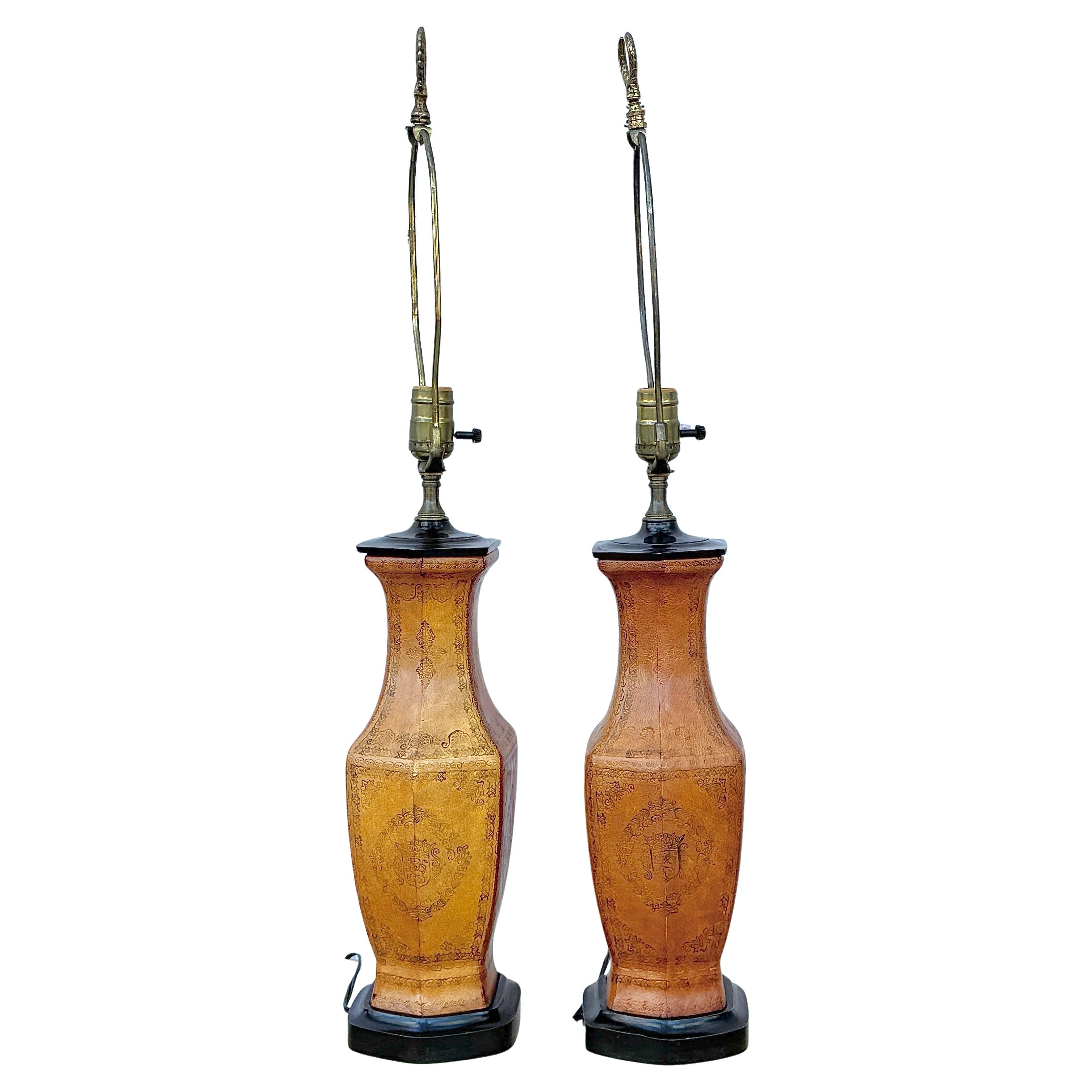 Georgian Pair Of Tooled Leather Table Lamps With Coats Of Arms Motif For Sale