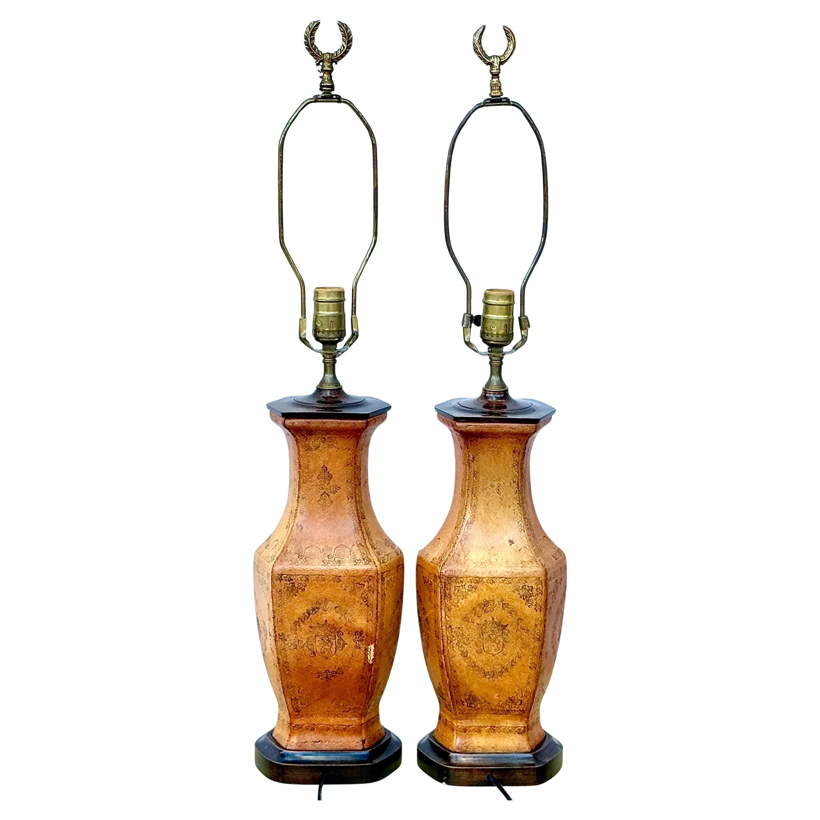 English Pair Of Tooled Leather Table Lamps With Coats Of Arms Motif For Sale