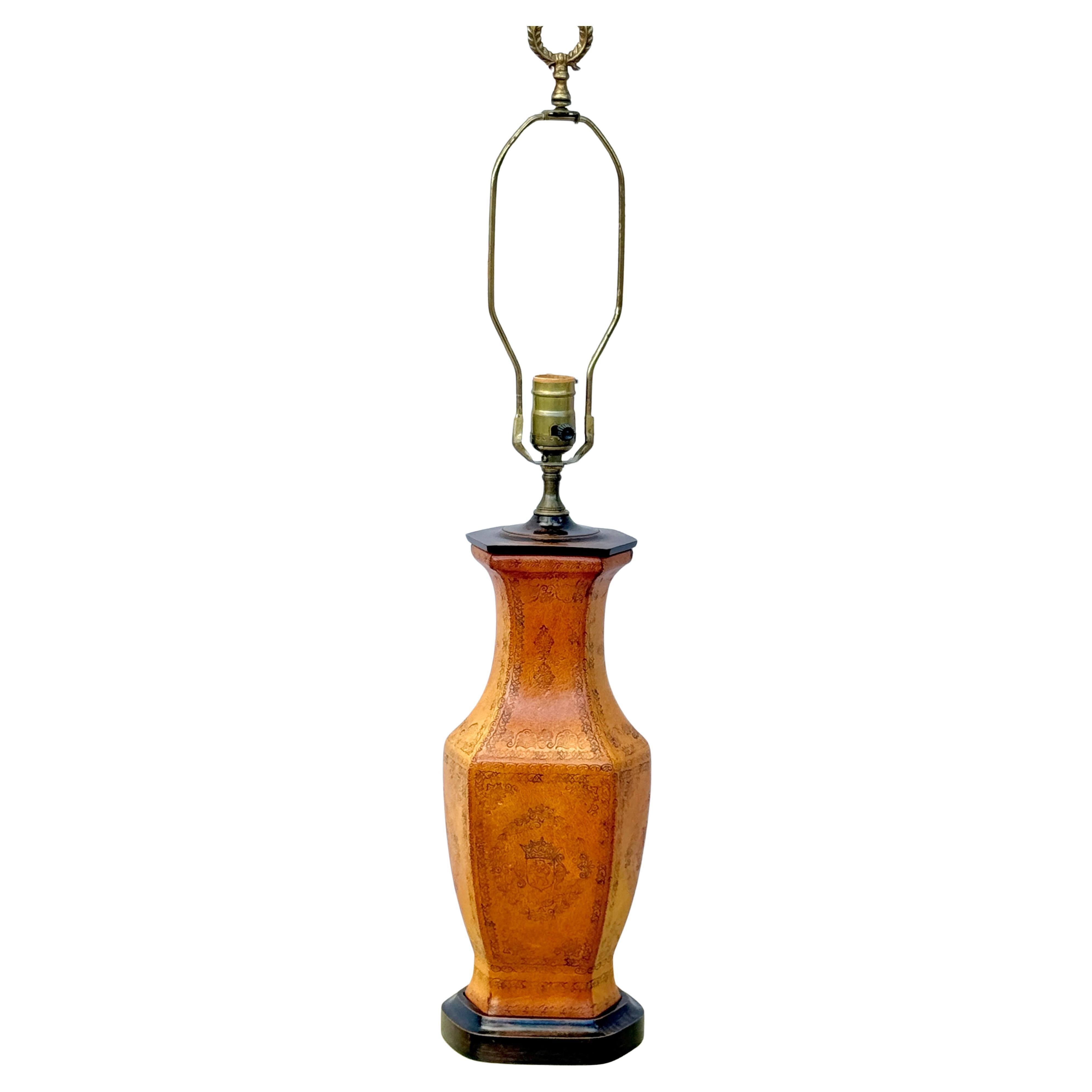 Pair Of Tooled Leather Table Lamps With Coats Of Arms Motif In Good Condition For Sale In Bradenton, FL