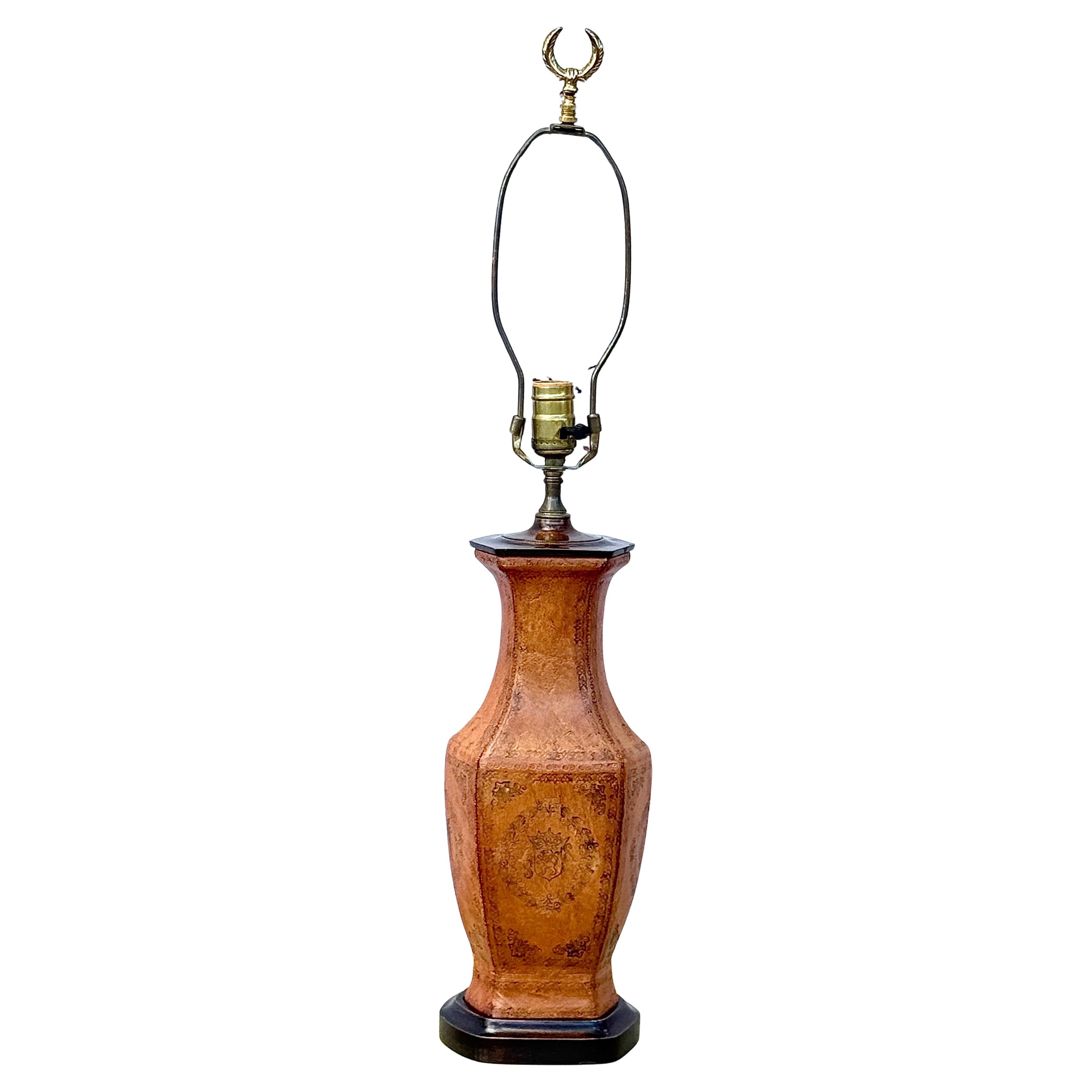 20th Century Pair Of Tooled Leather Table Lamps With Coats Of Arms Motif For Sale