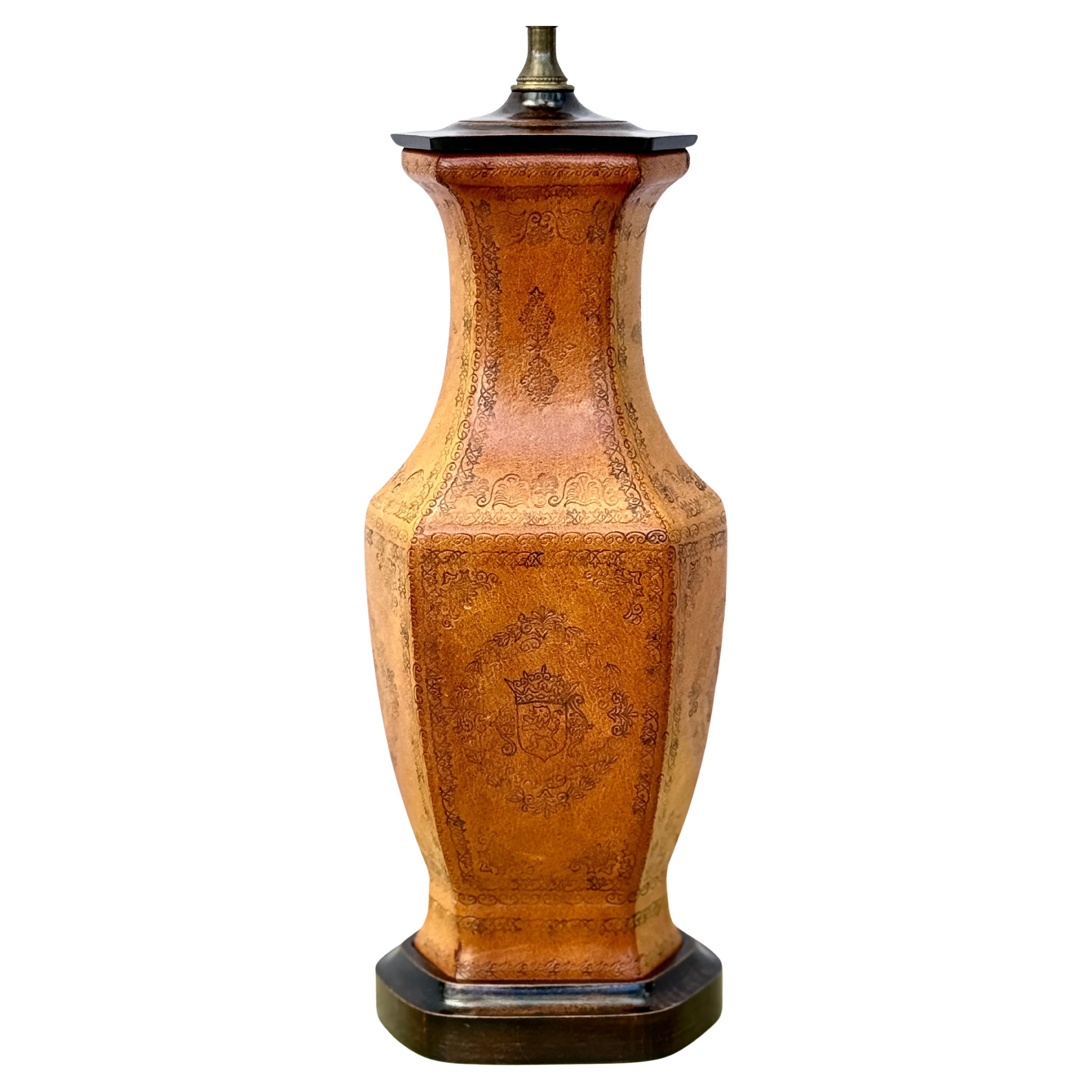 Brass Pair Of Tooled Leather Table Lamps With Coats Of Arms Motif For Sale