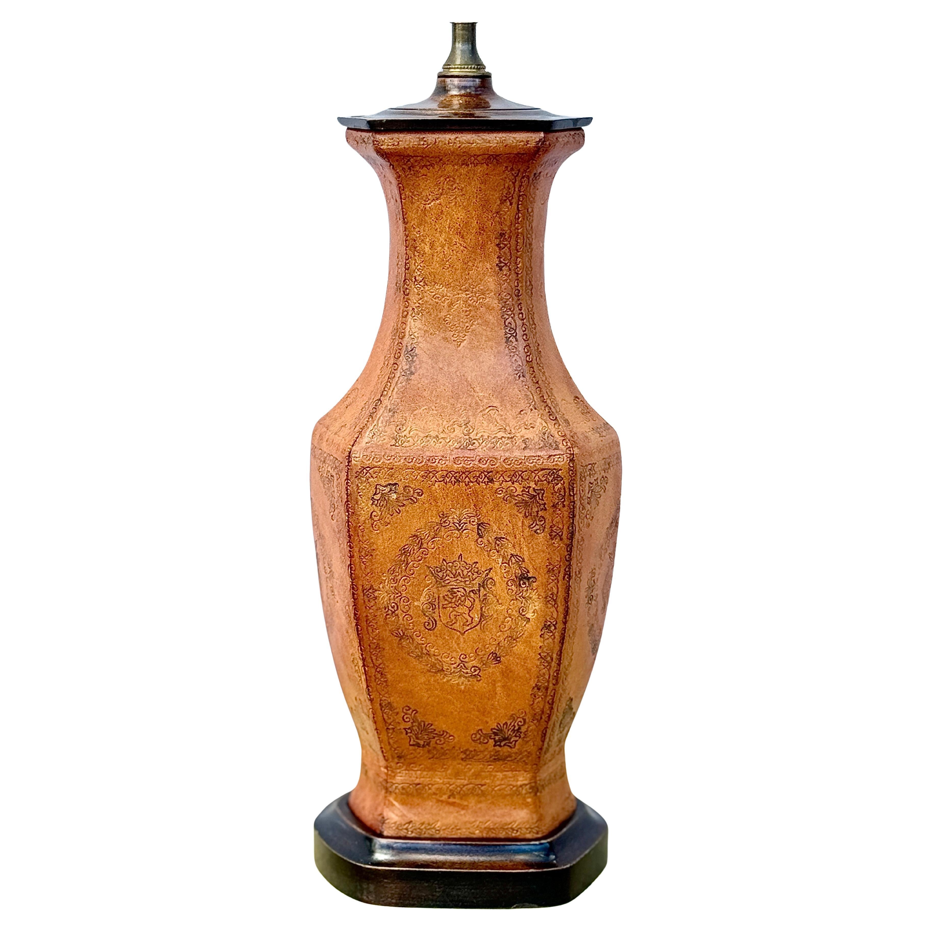 Pair Of Tooled Leather Table Lamps With Coats Of Arms Motif For Sale 1