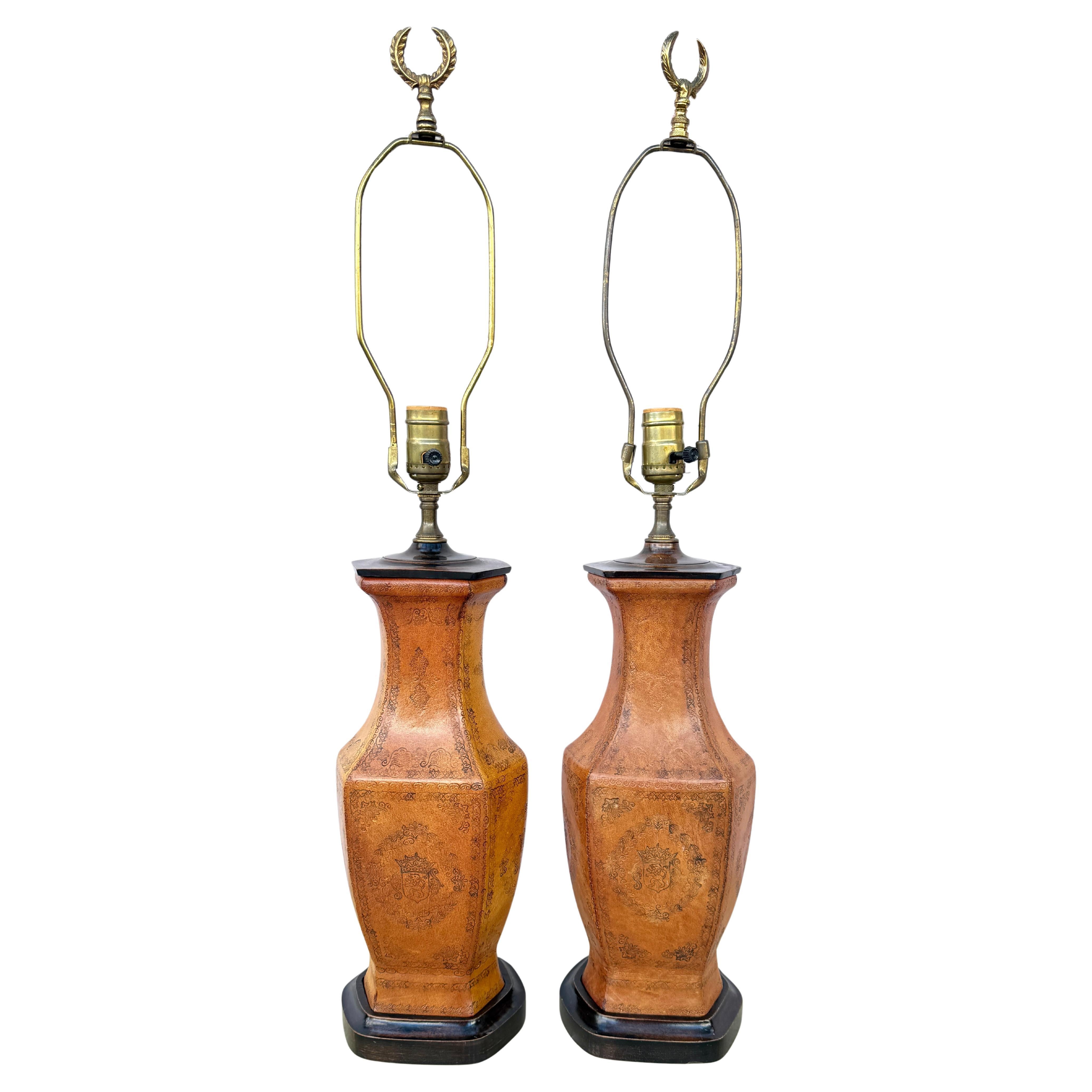 Pair Of Tooled Leather Table Lamps With Coats Of Arms Motif