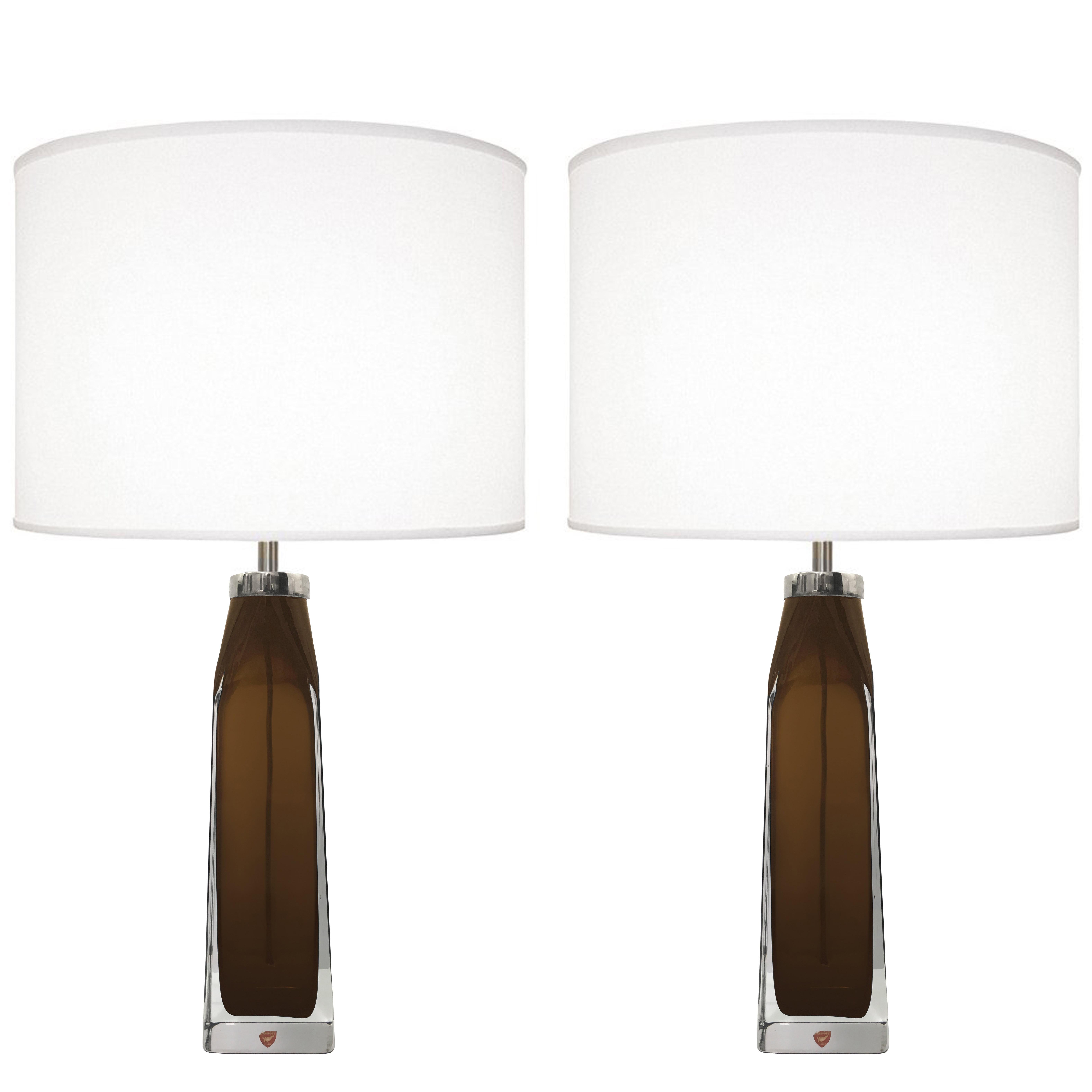 Pair of Topaz and Clear Glass Lamps by Carl Fagerlund for Orrefors For Sale