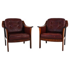 Retro Pair of Torbjorn Afdal for Bruksbo Leather & Caned Lounge Chairs