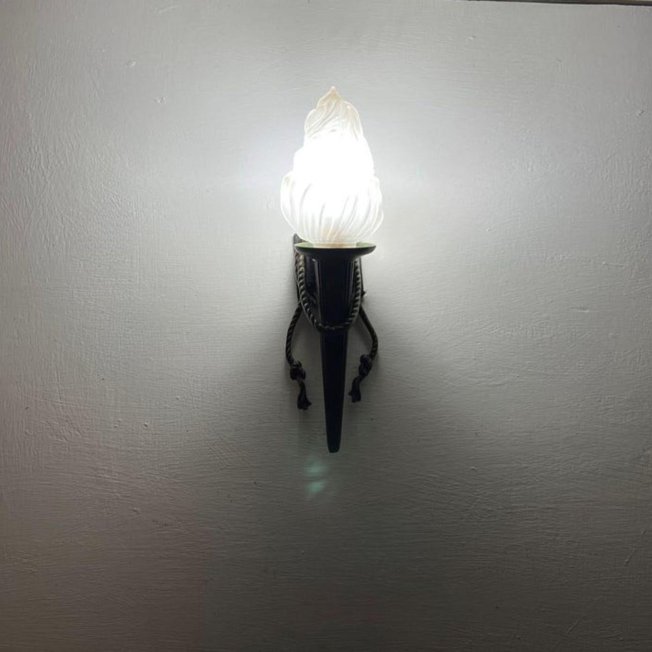 Brass Pair of Torch Sconces in Bronze and Pressed Glass, France, circa 1940s For Sale