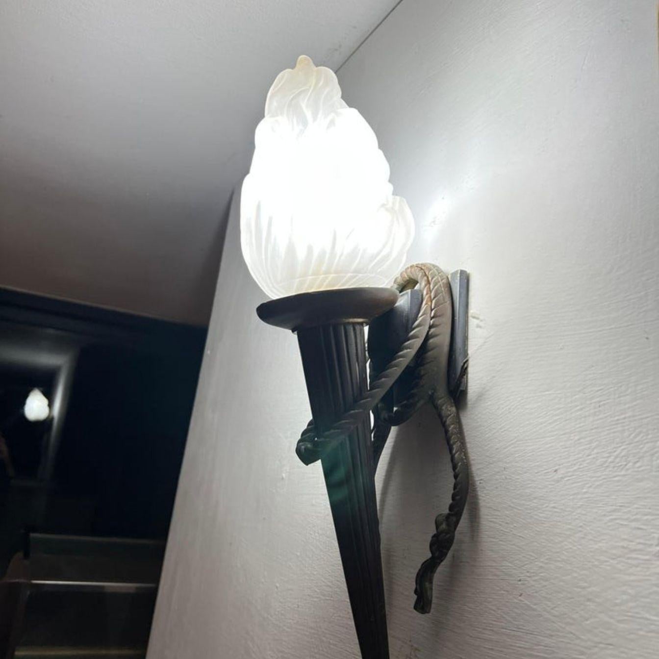 Pair of Torch Sconces in Bronze and Pressed Glass, France, circa 1940s For Sale 1