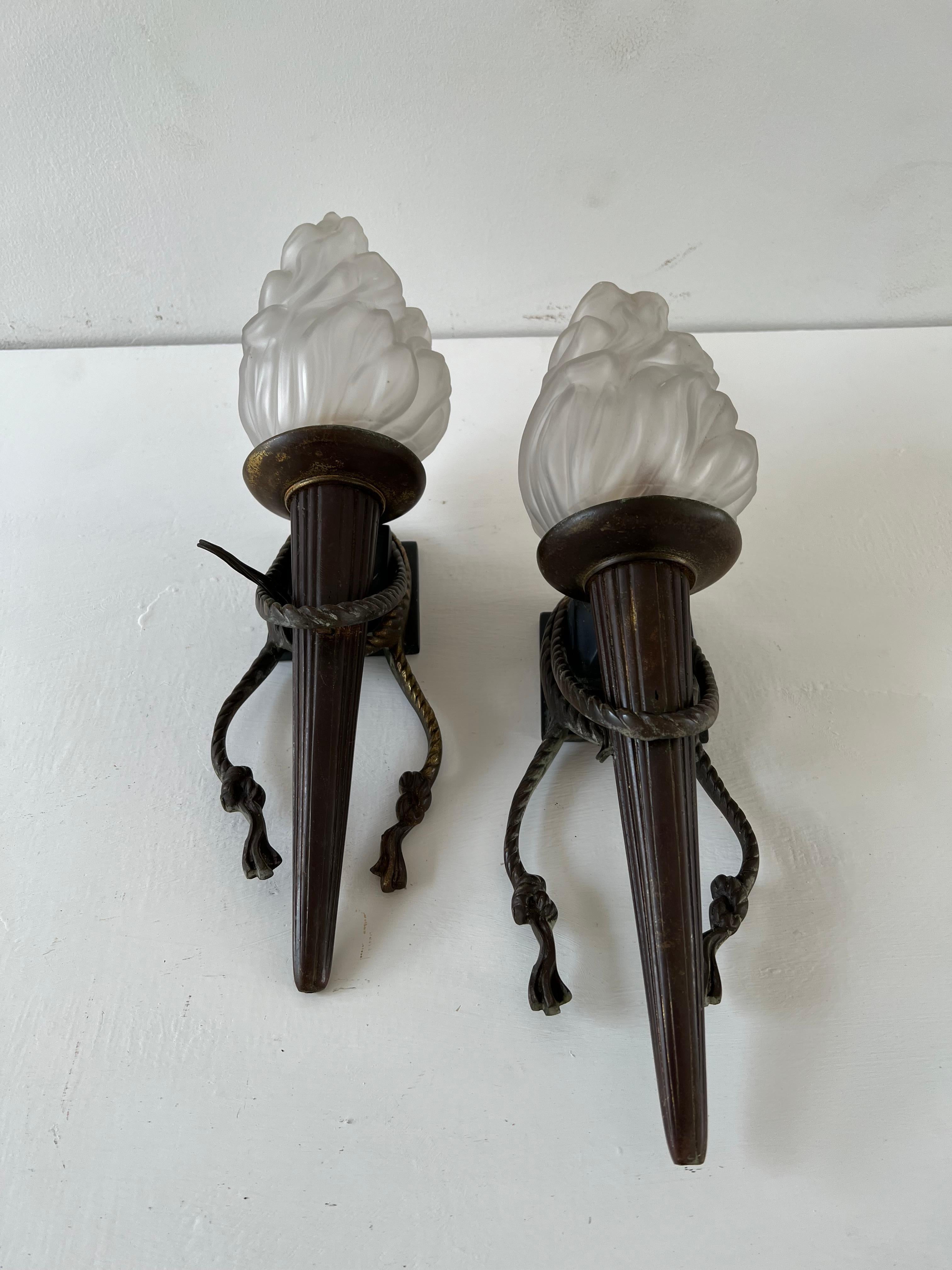 Pair of Torch Sconces in Bronze and Pressed Glass, France, circa 1940s In Fair Condition For Sale In Merida, Yucatan