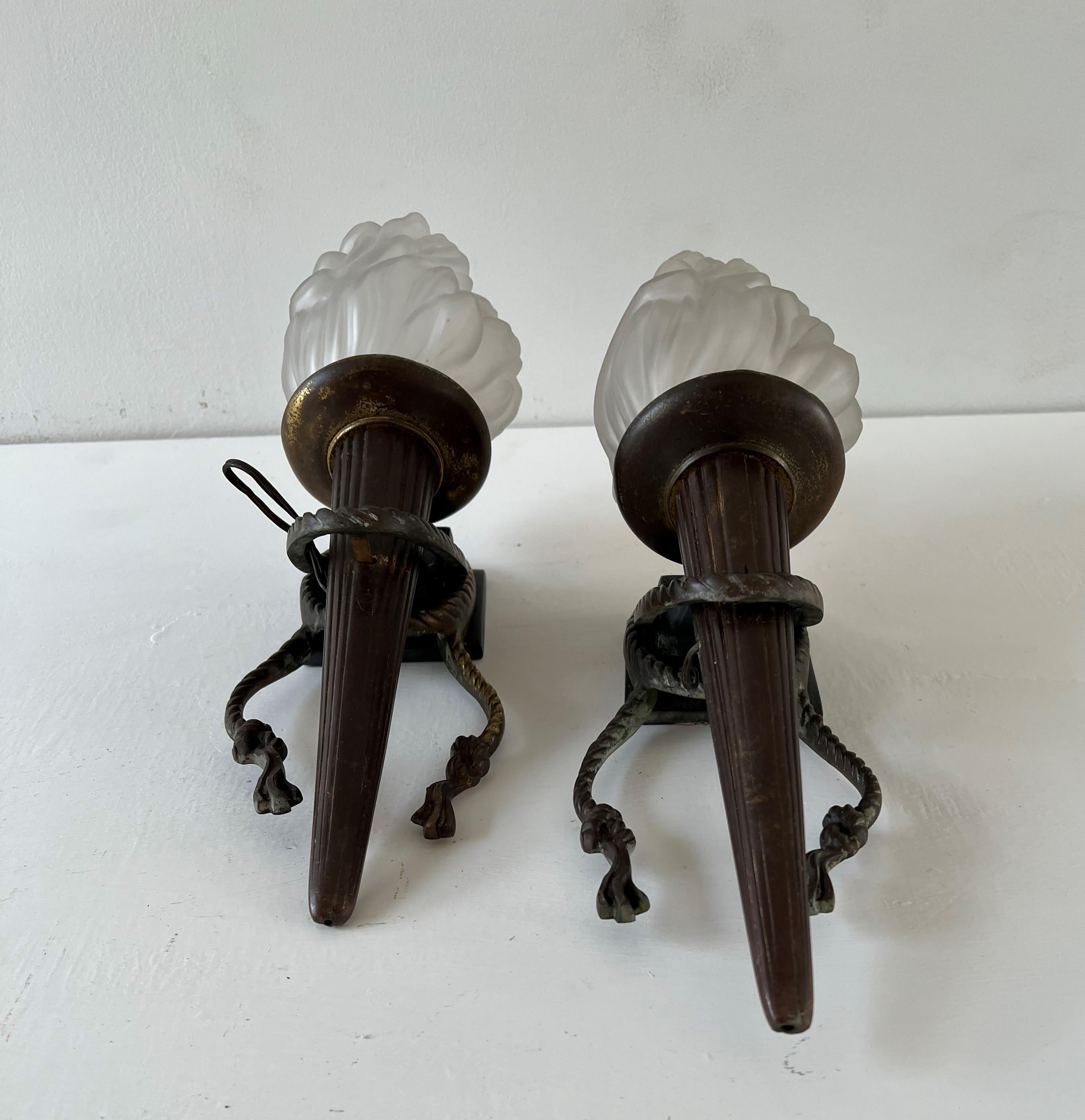 Mid-20th Century Pair of Torch Sconces in Bronze and Pressed Glass, France, circa 1940s For Sale