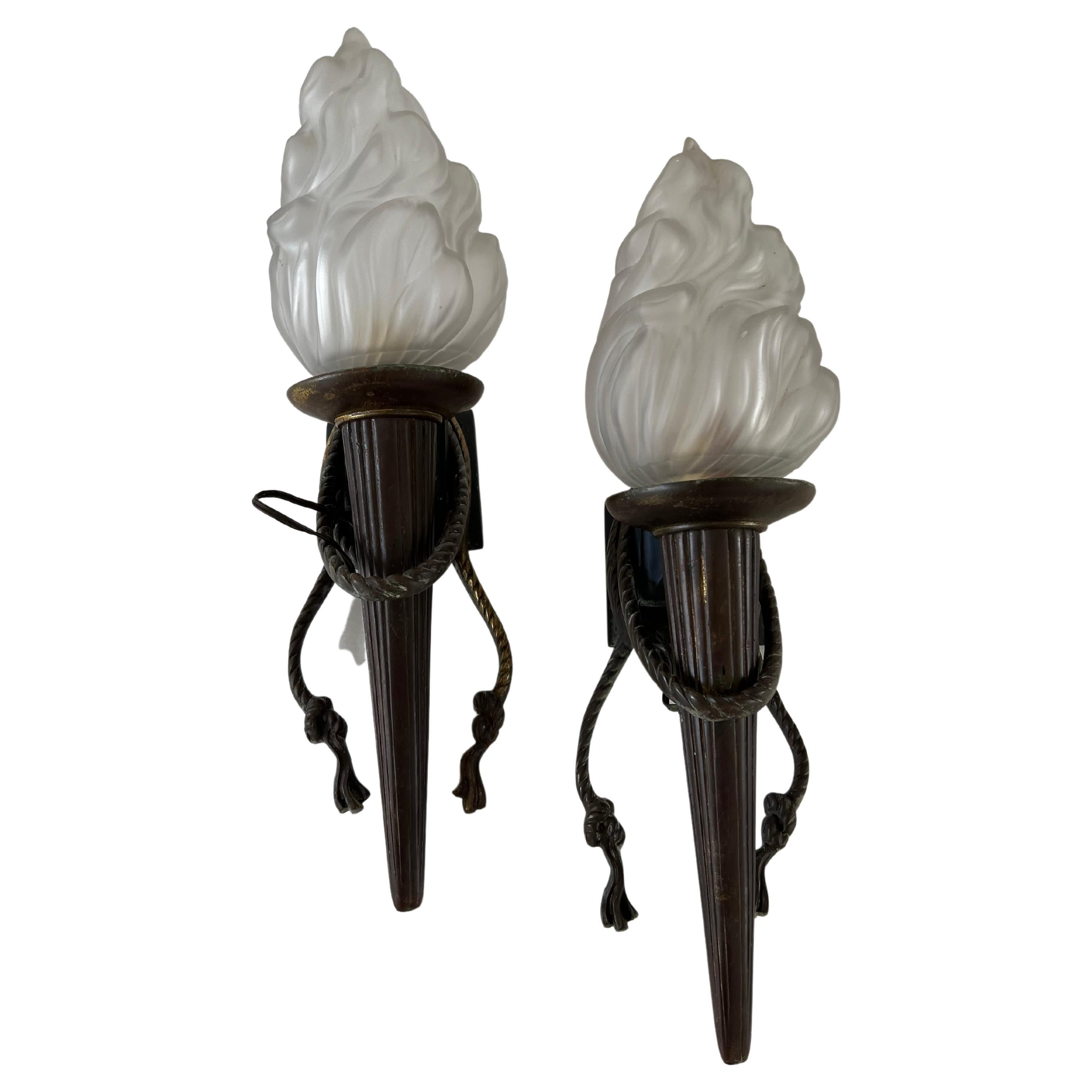 Pair of Torch Sconces in Bronze and Pressed Glass, France, circa 1940s For Sale