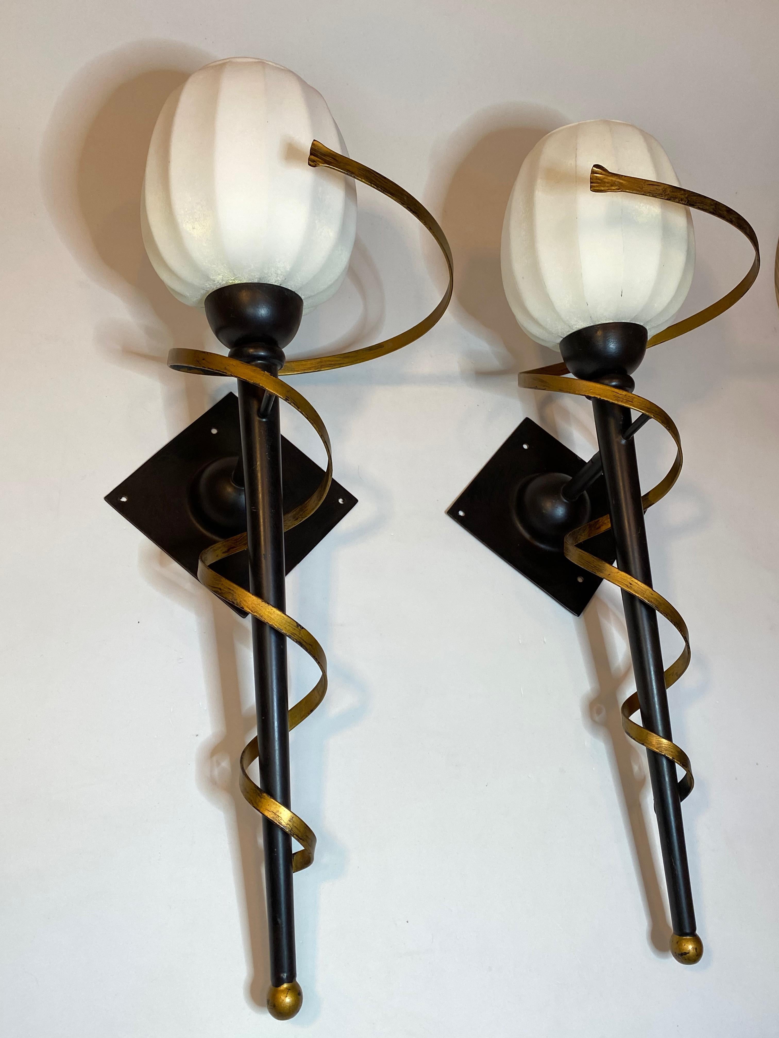 Pair of Torch Tole Sconces Gilded and Black Metal, Koegl Leuchten, 1980s For Sale 3