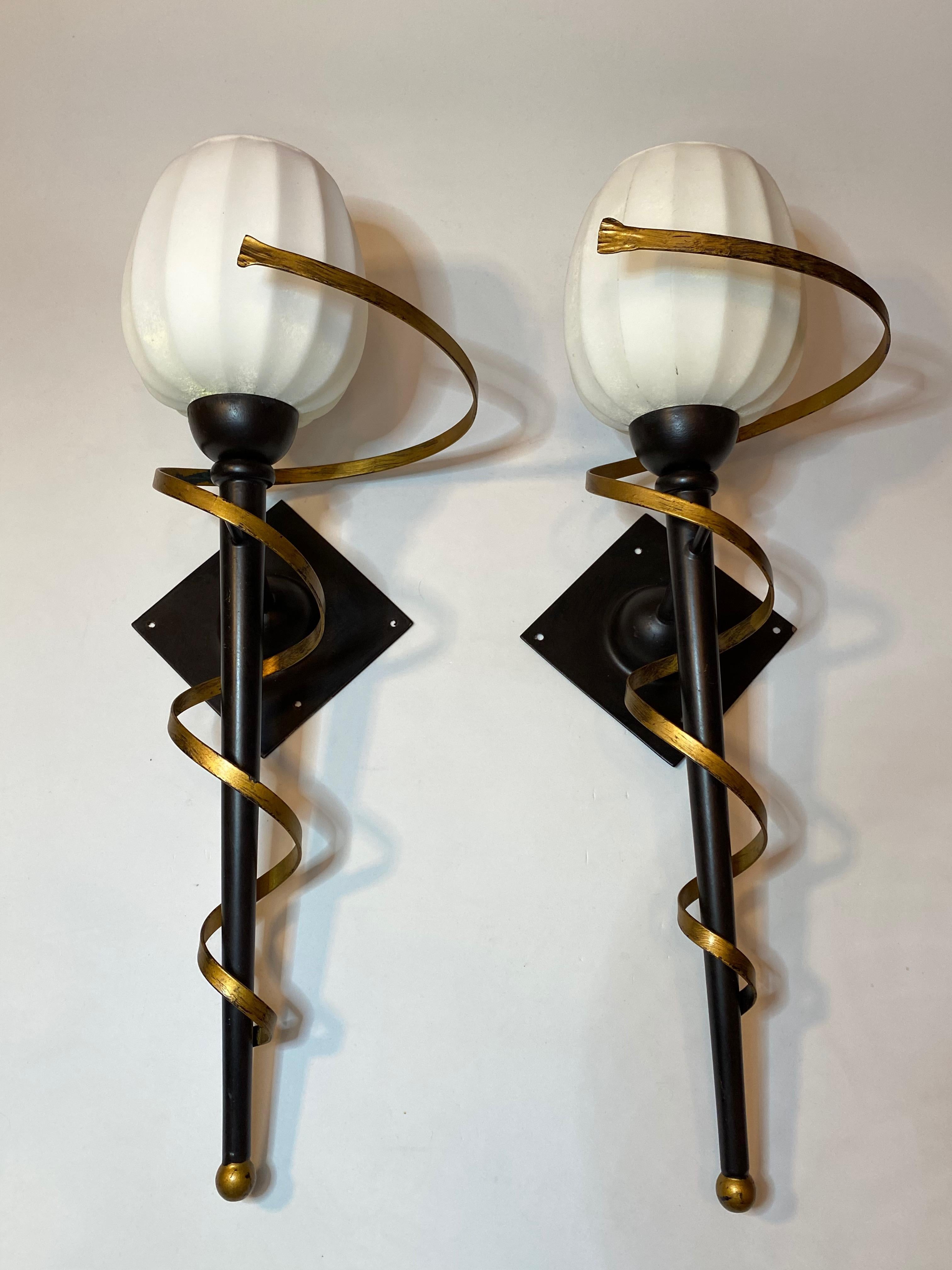 Late 20th Century Pair of Torch Tole Sconces Gilded and Black Metal, Koegl Leuchten, 1980s For Sale