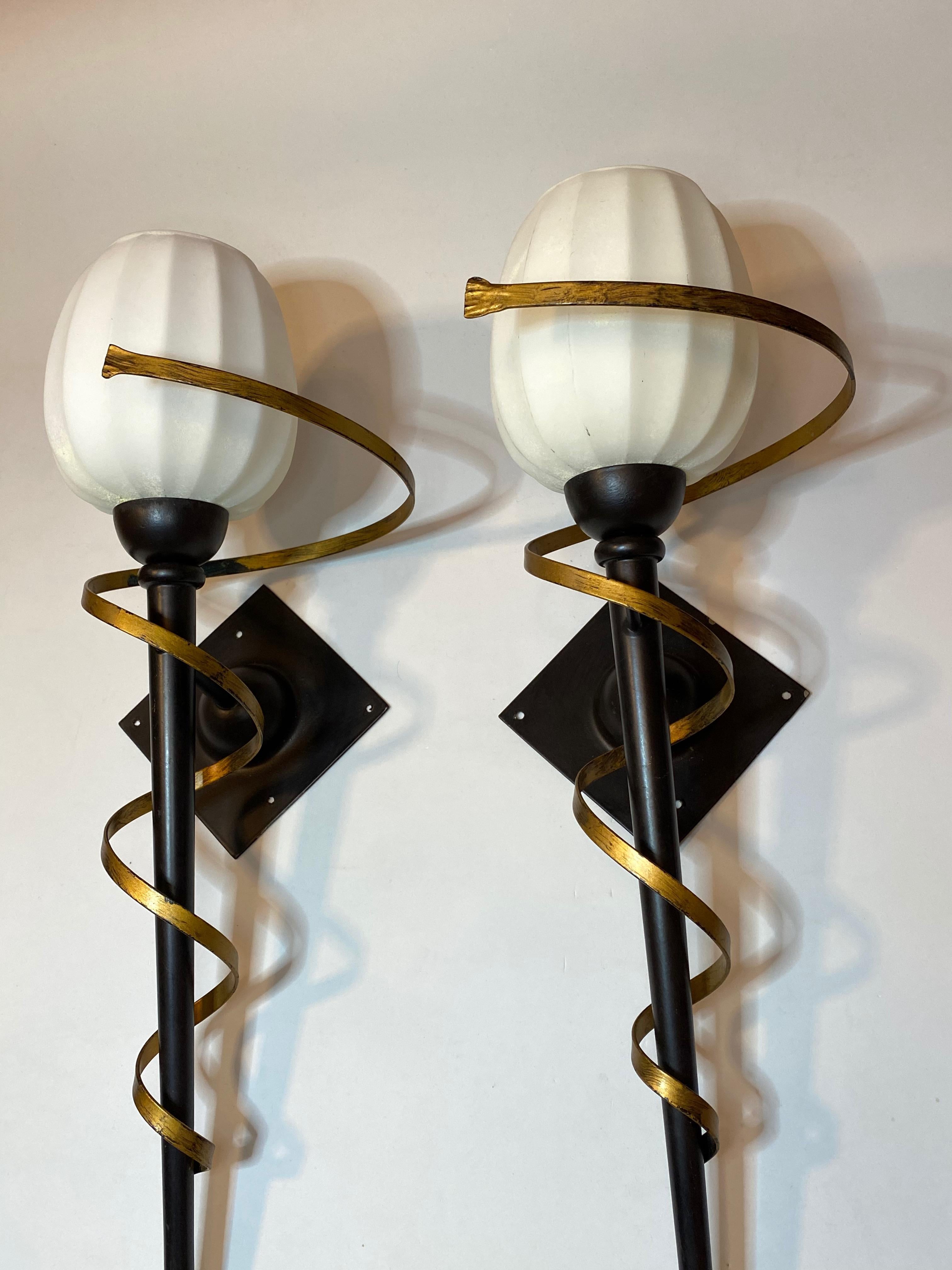 Glass Pair of Torch Tole Sconces Gilded and Black Metal, Koegl Leuchten, 1980s For Sale