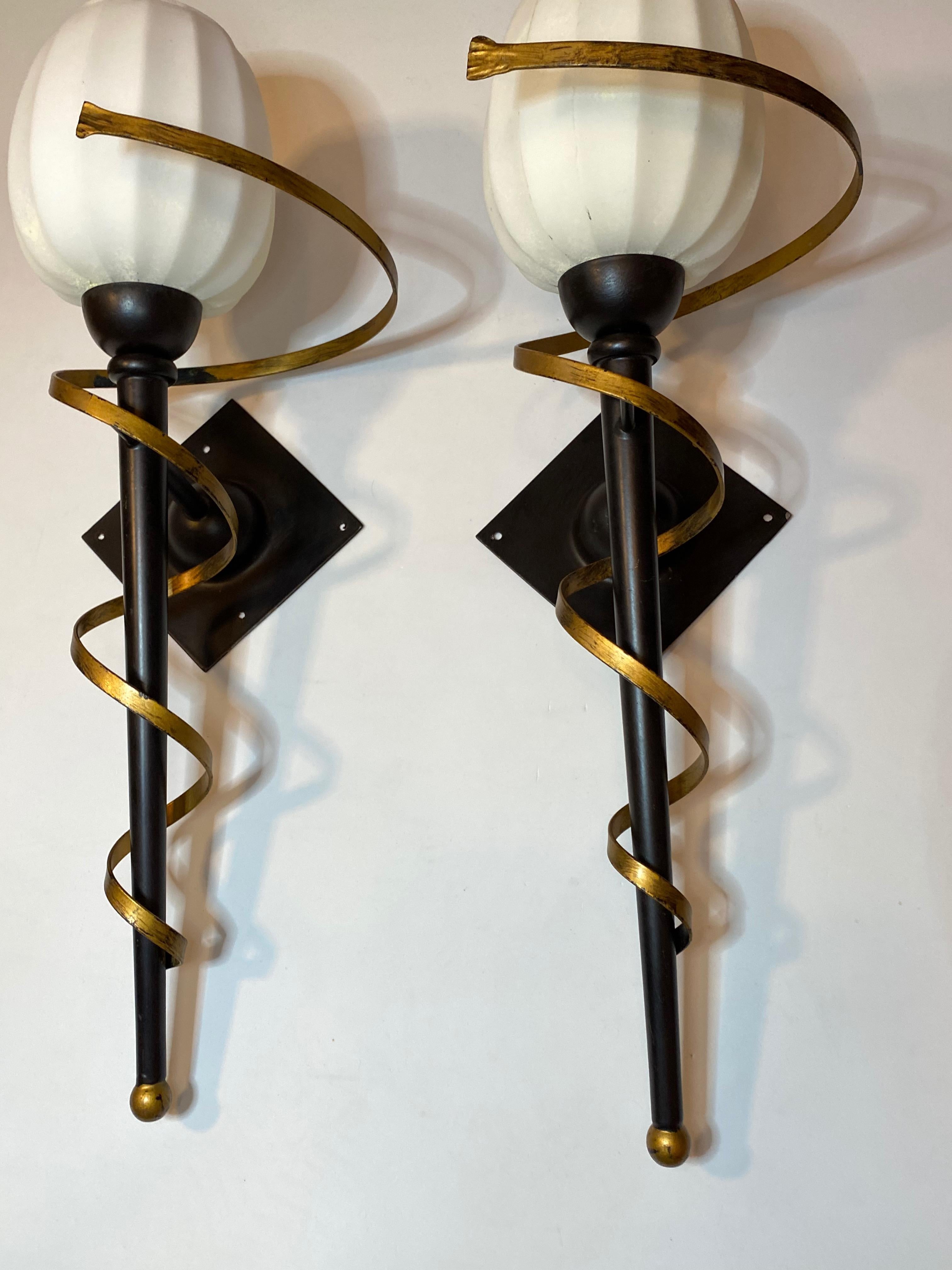 Pair of Torch Tole Sconces Gilded and Black Metal, Koegl Leuchten, 1980s For Sale 1