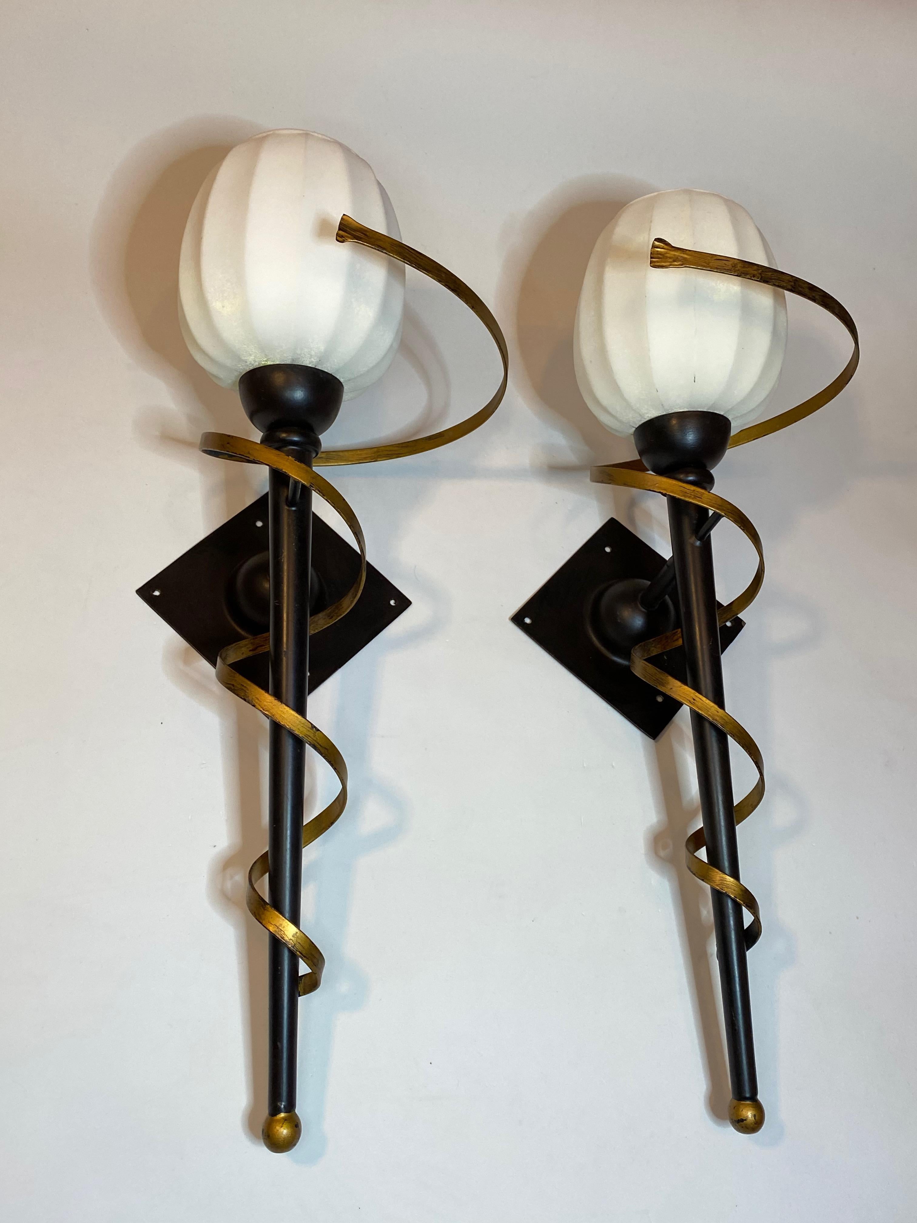 Pair of Torch Tole Sconces Gilded and Black Metal, Koegl Leuchten, 1980s For Sale 2
