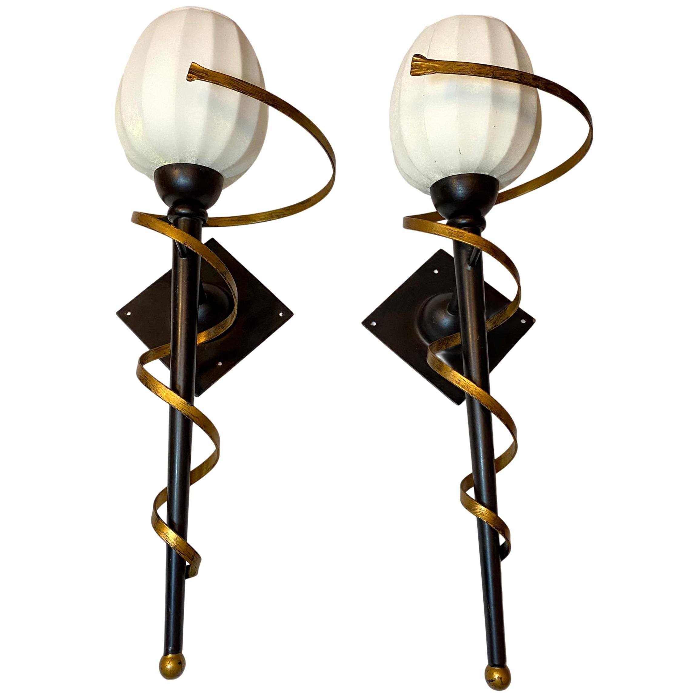 Pair of Torch Tole Sconces Gilded and Black Metal, Koegl Leuchten, 1980s For Sale