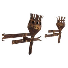 Pair of Torch Wall Sconces in Gilt Iron, Medieval Style, 1940s