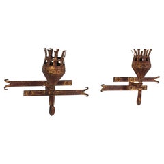 Pair of Torch Wall Sconces in Gilt Iron, Medieval Style, 1940s