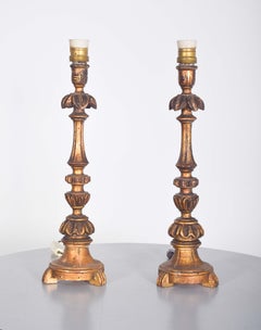 Pair of Torches in Gilded, Turned and Carved Wood