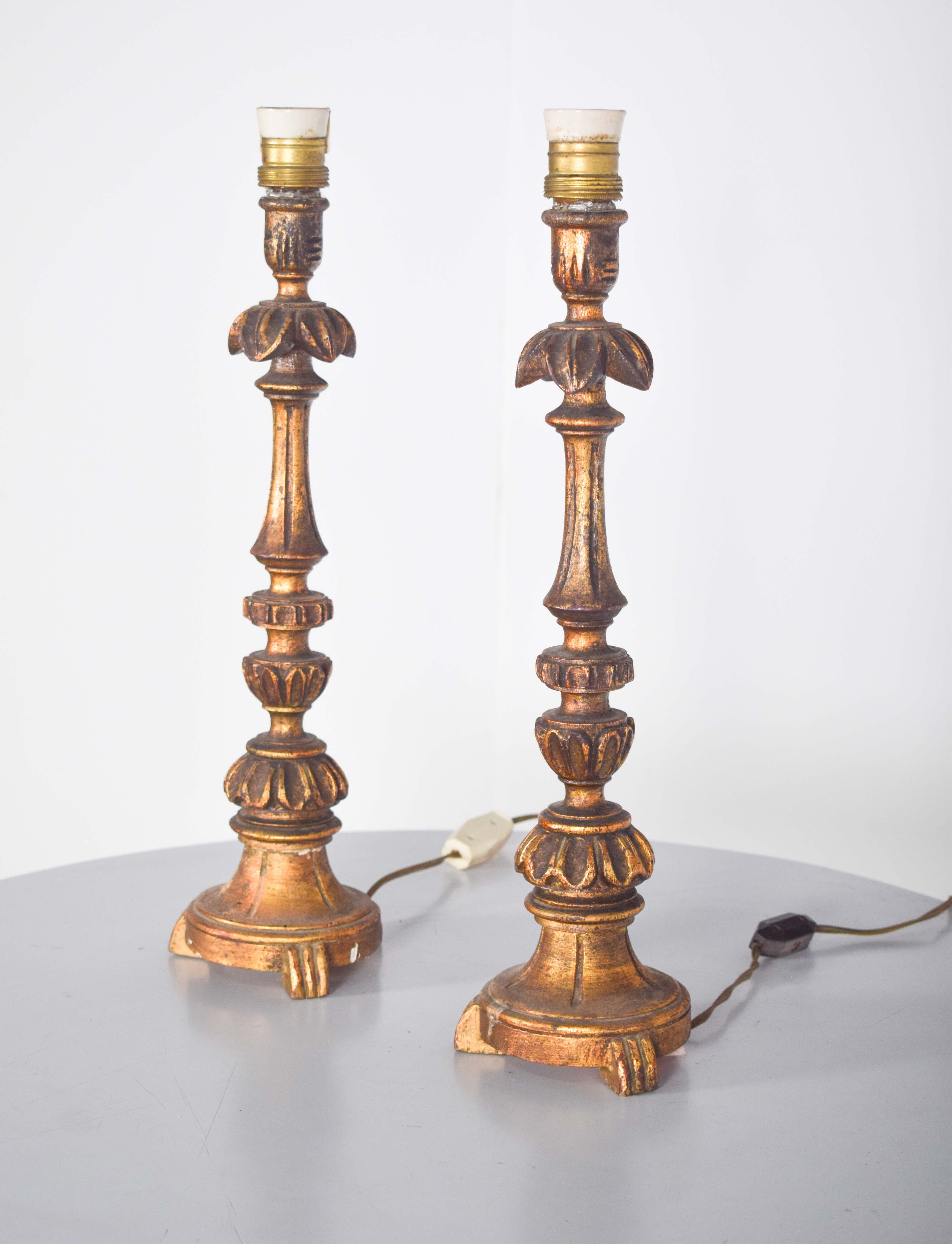 Baroque Pair of Torches in Gilded, Turned and Carved Wood For Sale