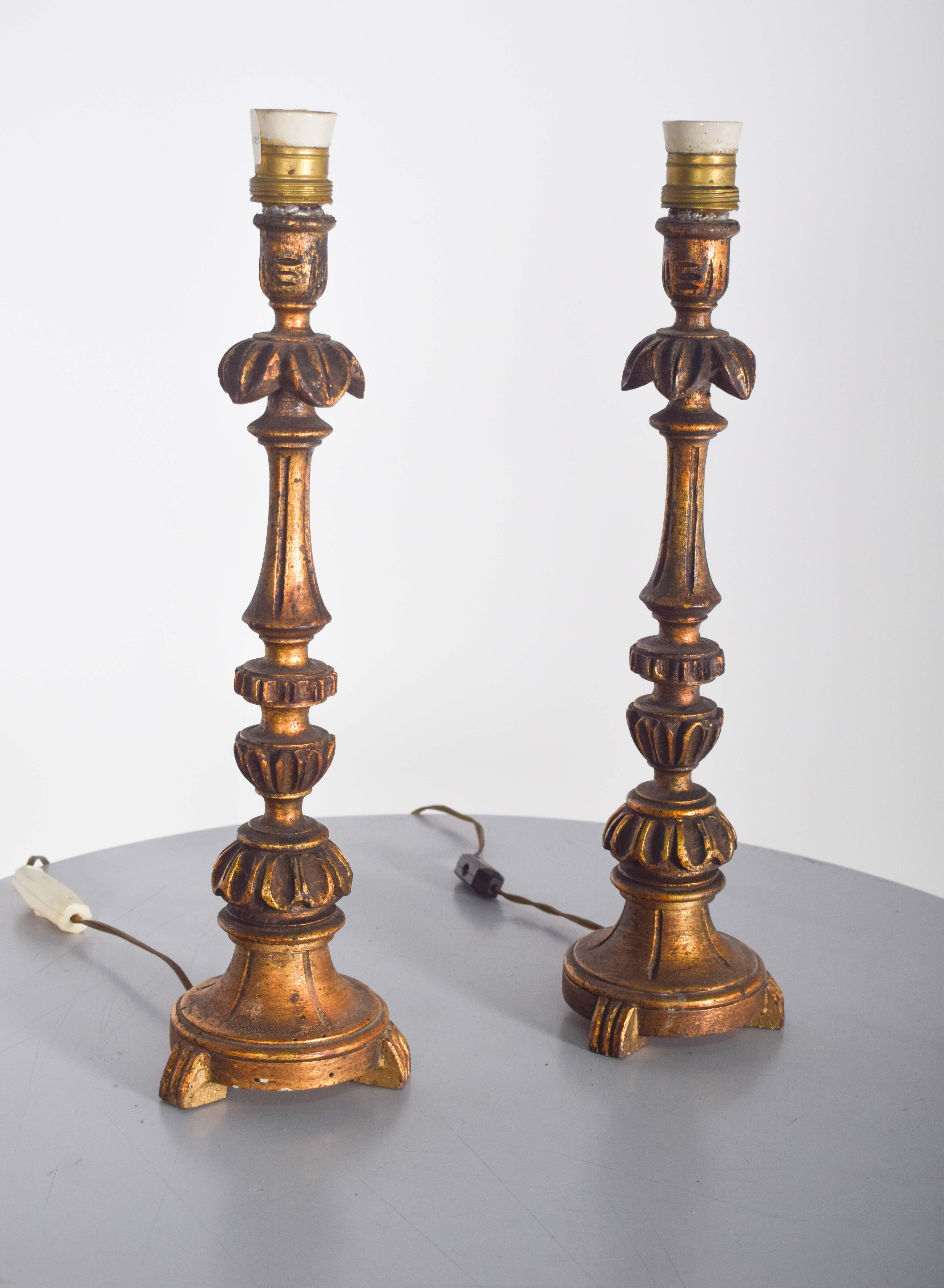Swedish Pair of Torches in Gilded, Turned and Carved Wood For Sale