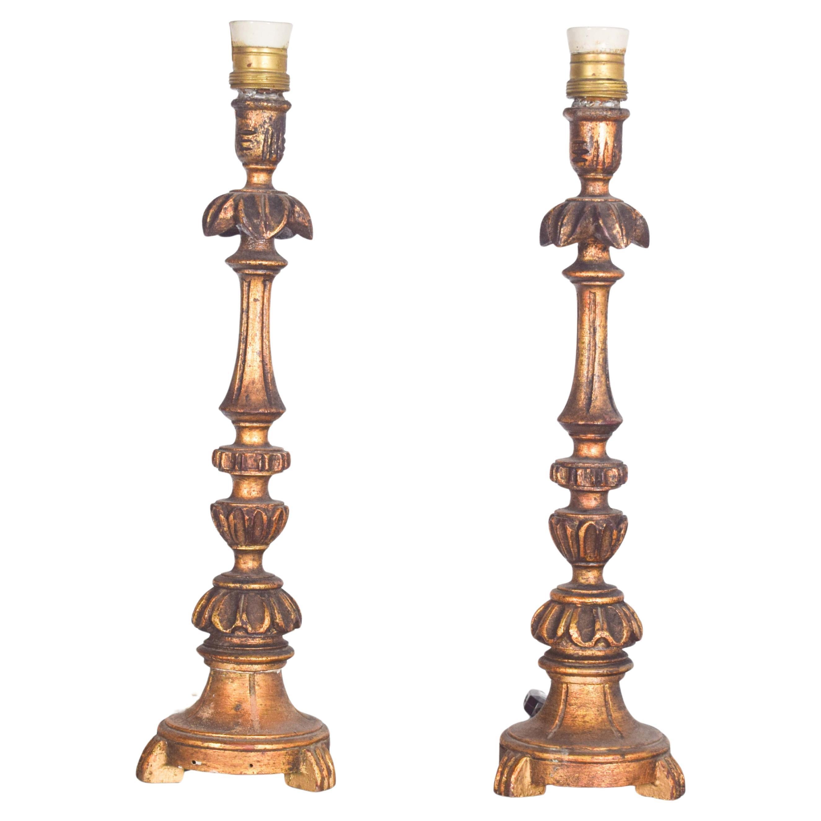 Pair of Torches in Gilded, Turned and Carved Wood