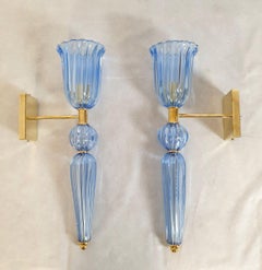 Pair of Torchiere blue Murano sconces