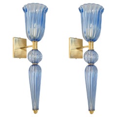 Pair of Torchiere blue Murano sconces