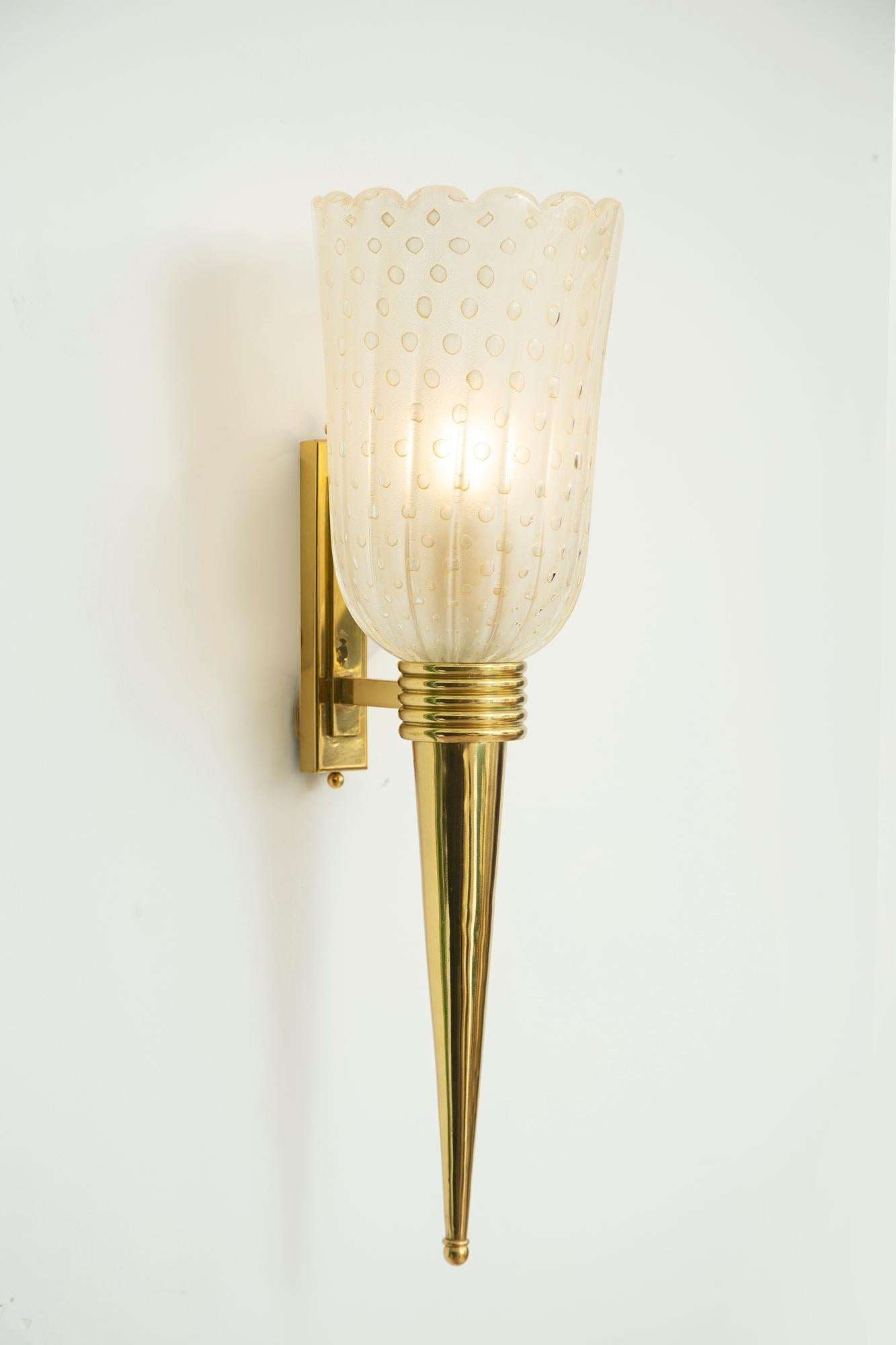 Italian Pair of Torchiere Brass & Murano Glass Wall Sconces, in Stock For Sale