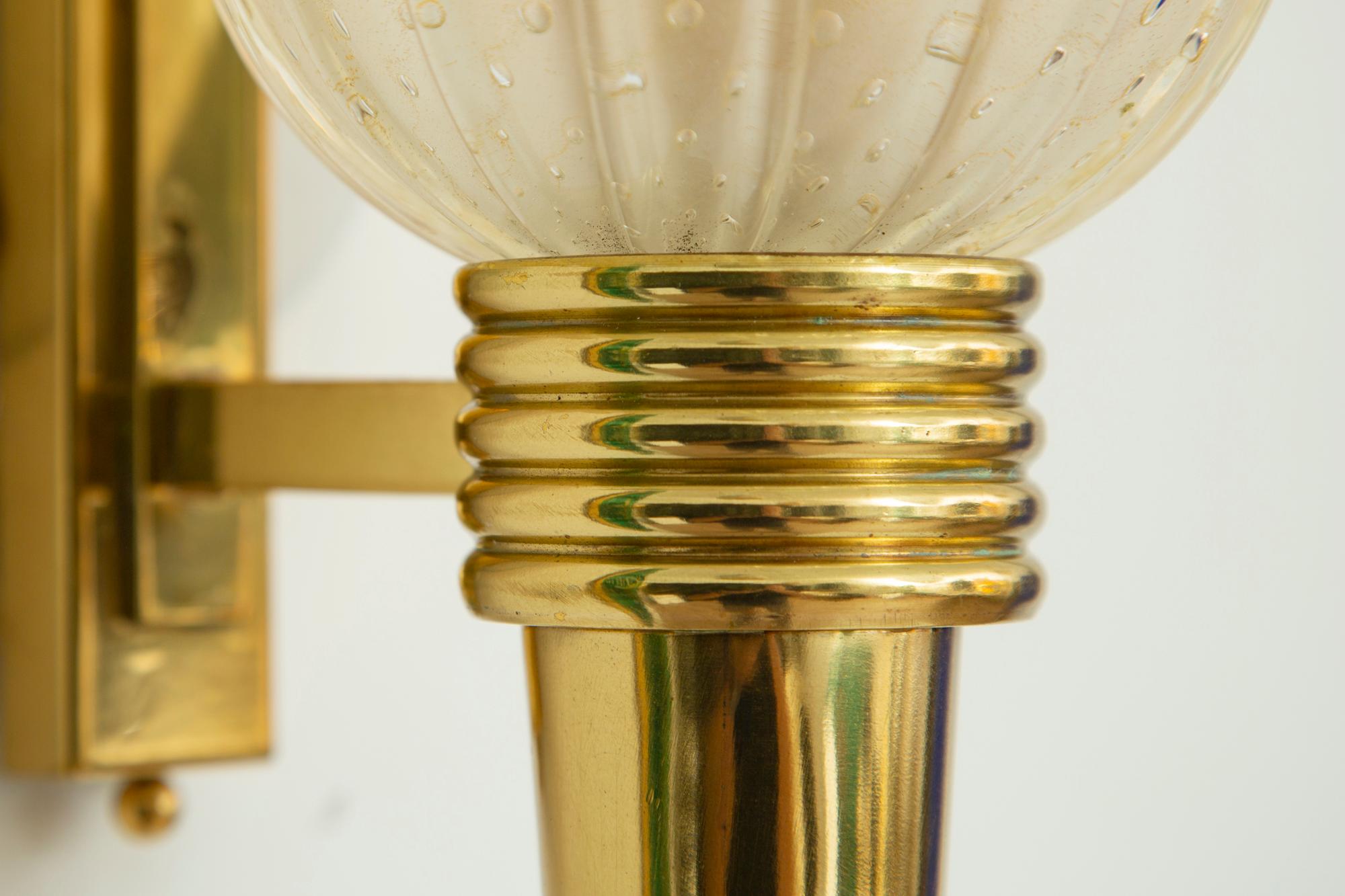 Contemporary Pair of Torchiere Brass & Murano Glass Wall Sconces, in Stock For Sale