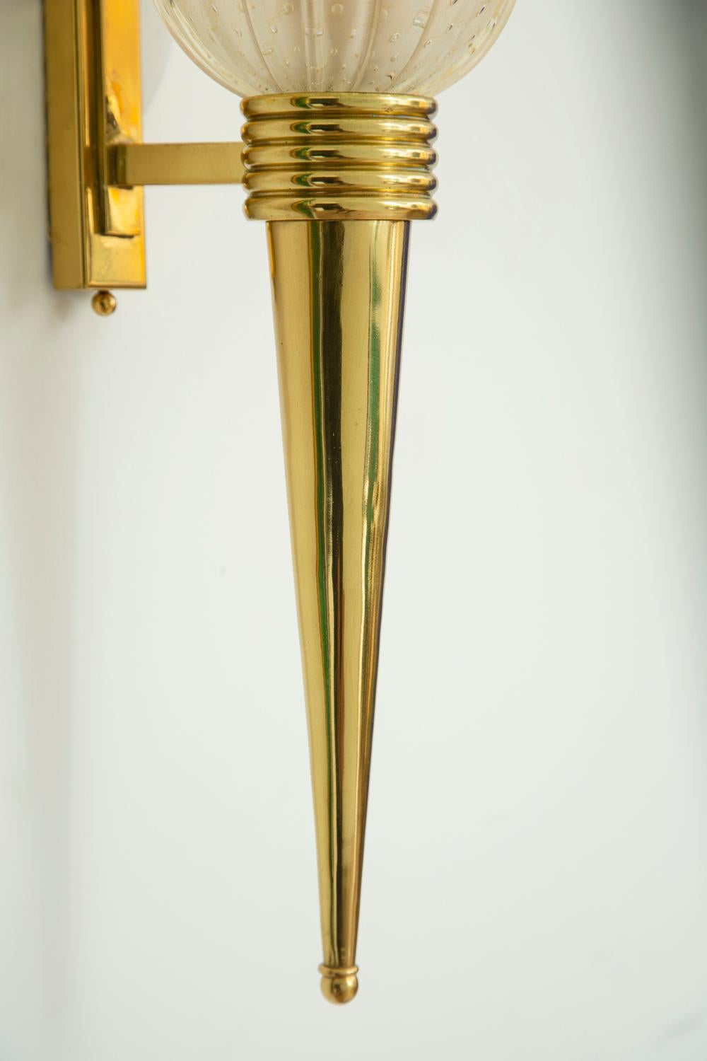 Pair of Torchiere Brass & Murano Glass Wall Sconces, in Stock For Sale 1