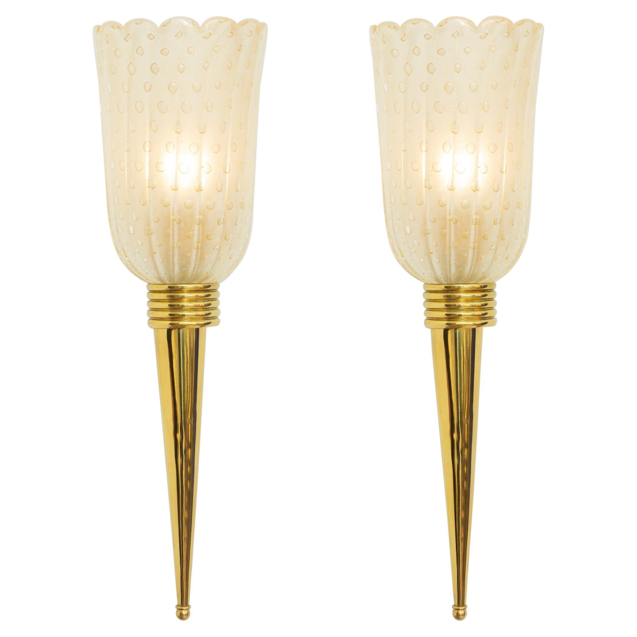 Pair of Torchiere Brass & Murano Glass Wall Sconces, in Stock For Sale