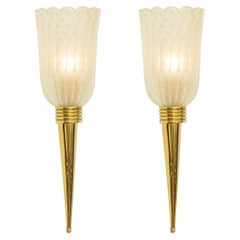 Pair of Torchiere Brass & Murano Glass Wall Sconces, in Stock